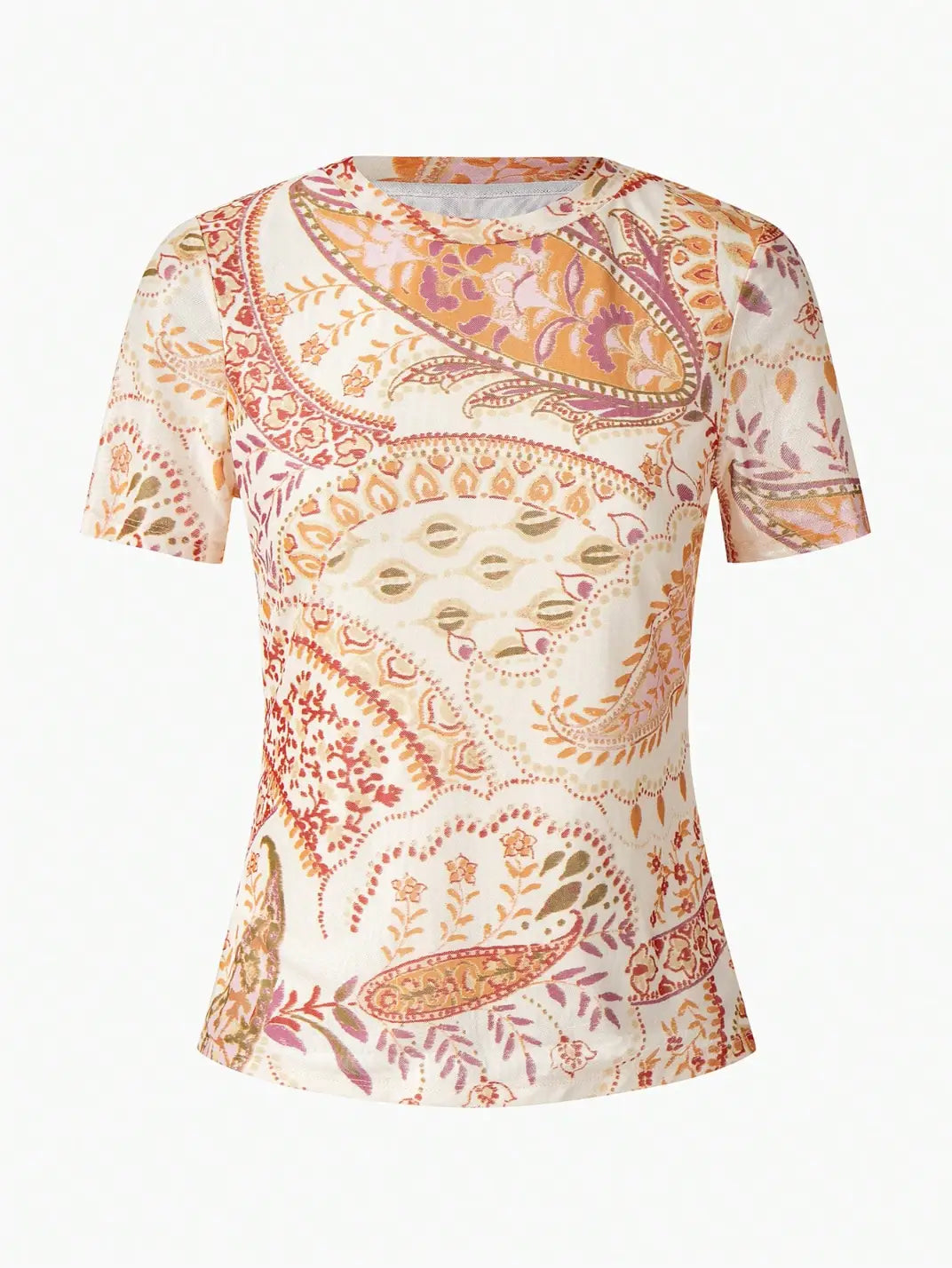 Blusa Manga Curta Malha Tule Paisley - EstiloE, Blusa Manga Curta, Blusa Feminina Manga Curta, Blusa Feminina Floral, Blusa Feminina Estampada, Blusa Feminina, Blusa Estampa Paisley, Blusa Manga Curta Paisley, Camiseta estampada, Camiseta Feminina, Blusa de Malha, Blusa de Tule