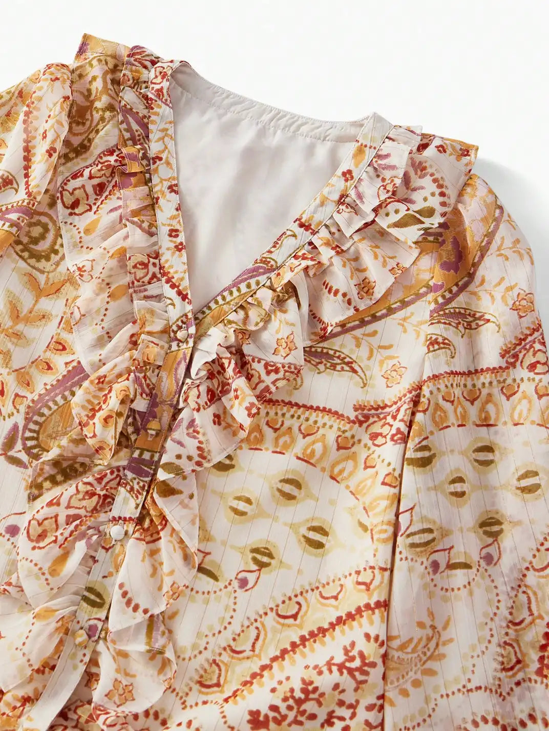 Blusa Manga Longa Babados Paisley - EstiloE, Camisa Manga Longa, Camisa Feminina Manga Longa, Camisa Feminina Floral, Camisa Feminina Estampada, Camisa Feminina, Blusa Manga Longa, Blusa Manga Longa, Blusa Feminina, Blusa Estampa Paisley, Blusa Manga longa Paisley