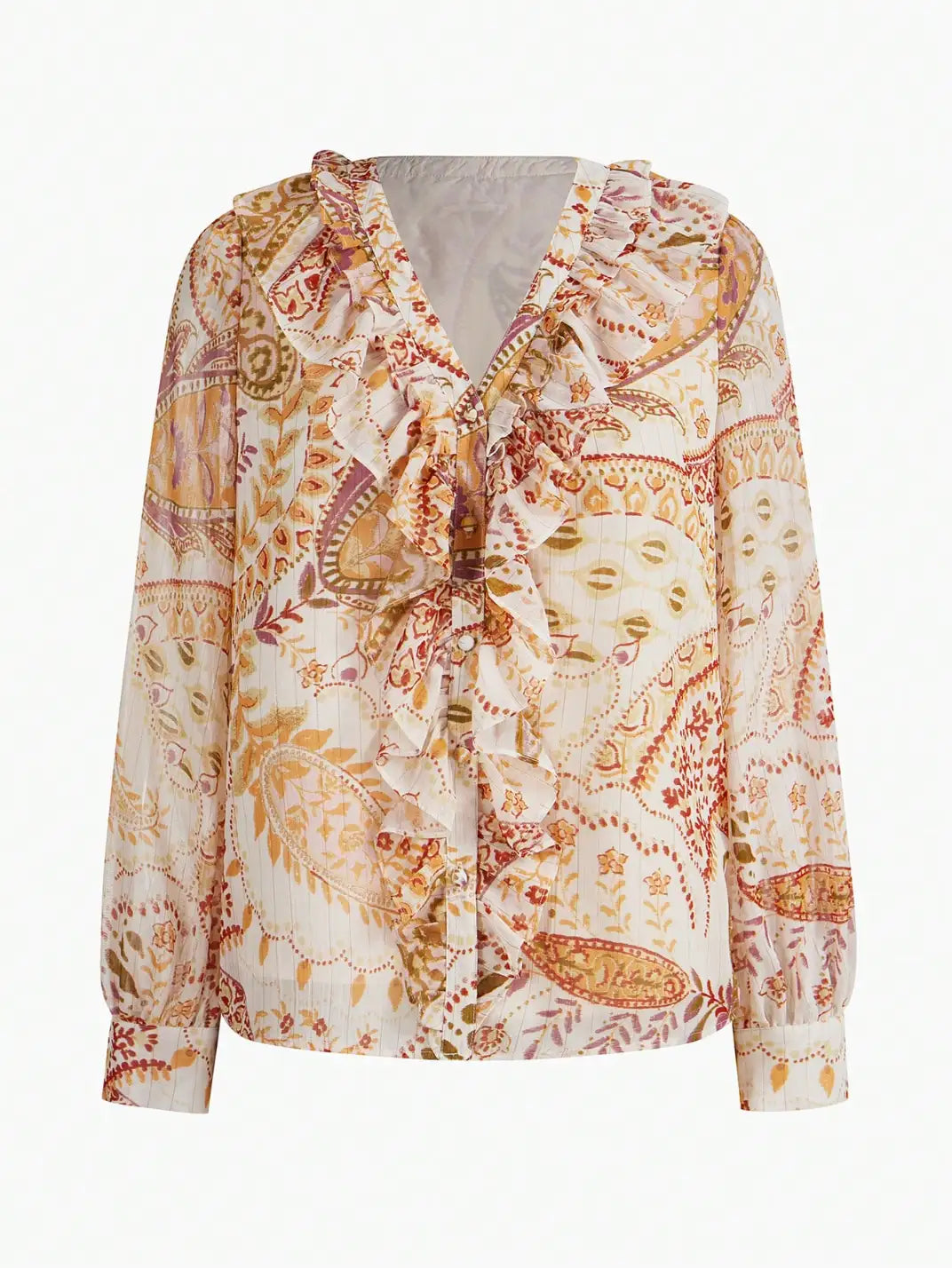 Blusa Manga Longa Babados Paisley - EstiloE, Camisa Manga Longa, Camisa Feminina Manga Longa, Camisa Feminina Floral, Camisa Feminina Estampada, Camisa Feminina, Blusa Manga Longa, Blusa Manga Longa, Blusa Feminina, Blusa Estampa Paisley, Blusa Manga longa Paisley