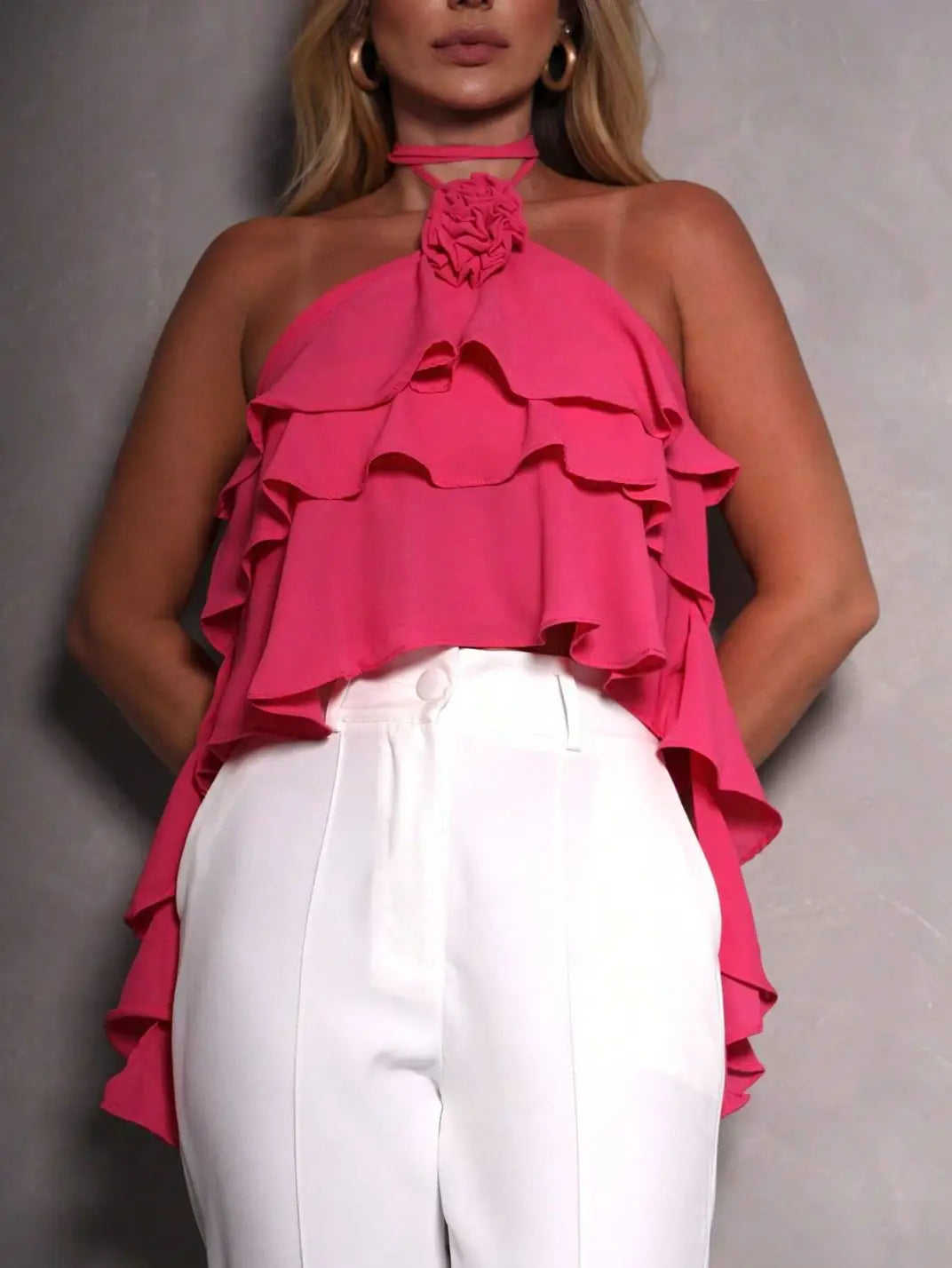 Blusa com Babados Flor Frente Única Pink - EstiloE, Blusa Feminina, Blusa Frente Única, Blusa com Flor, Blusa com Babados, Blusa Feminina Pink, Blusa Pink, Blusinha Feminina