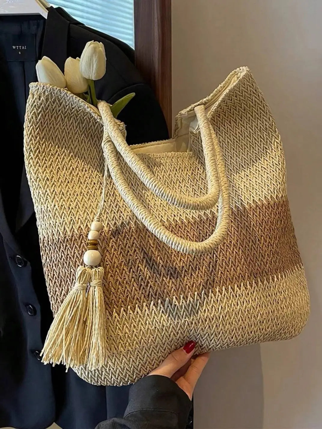 Bolsa de Palha Bicolor Bege EstiloE, Bolsa de Palha, Bolsa de Praia, Bolsa Grande, Bolsa de Praia de Palha, Bolsa Feminina, Bolsa Grande de Praia, Bolsa de Croche, Bolsa Boho, Bolsa de Ombro