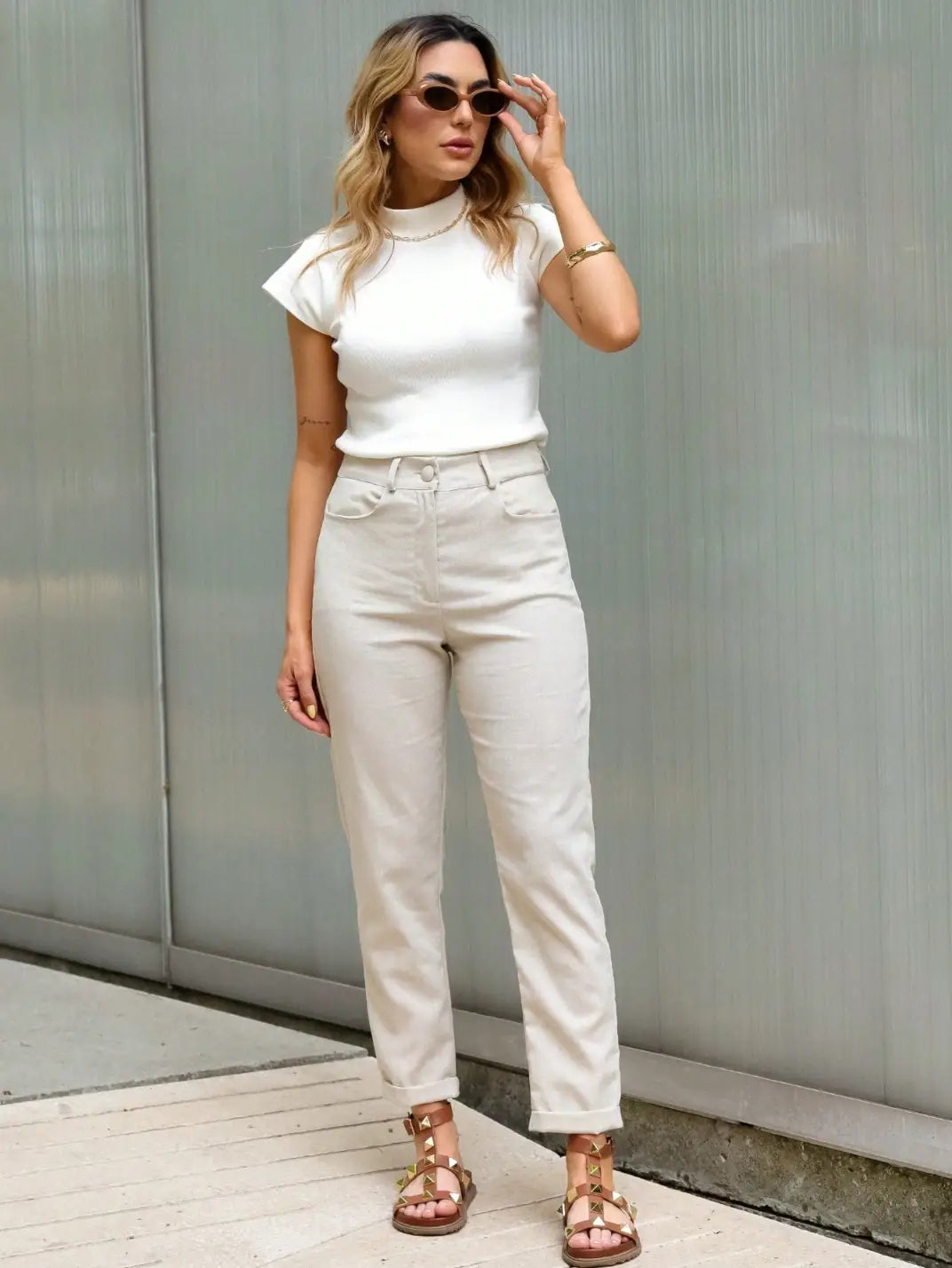 Calça Feminina de Linho Básica Bege - Main Image