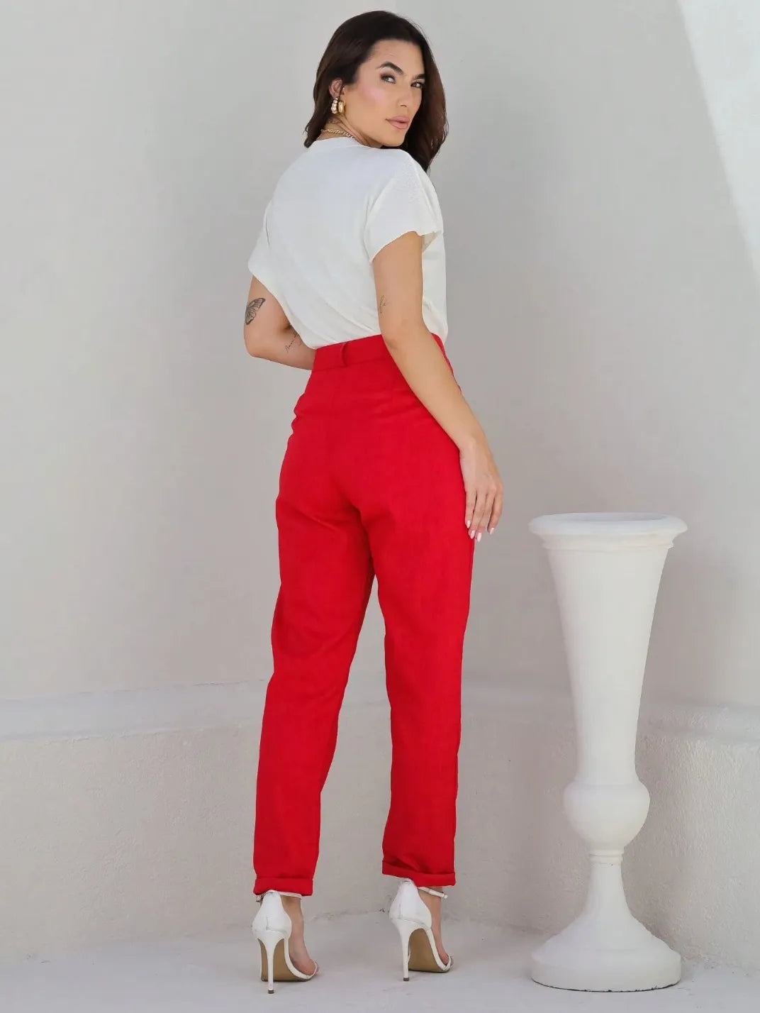 Calça Feminina de Linho Básica Vermelha - EstiloE, Calça Skinny, Calça Reta Feminina, Calça Feminina Casual, Calça Feminina, Calça de Linho Feminina, Calça de Linho Vermelha