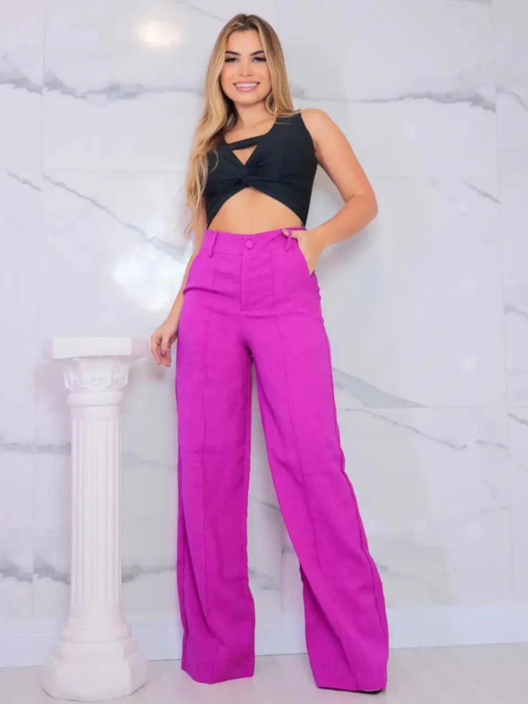 Calça Whide Leg Alfaiataria Cintura Alta Fúcsia - EstiloE, Calça Feminina, Calça Wide Leg, Calça Pantalona, Calça Alfaiataria Feminina, Calça Feminina Social, Calça Cintura Alta, Calça Feminina Fúcsia