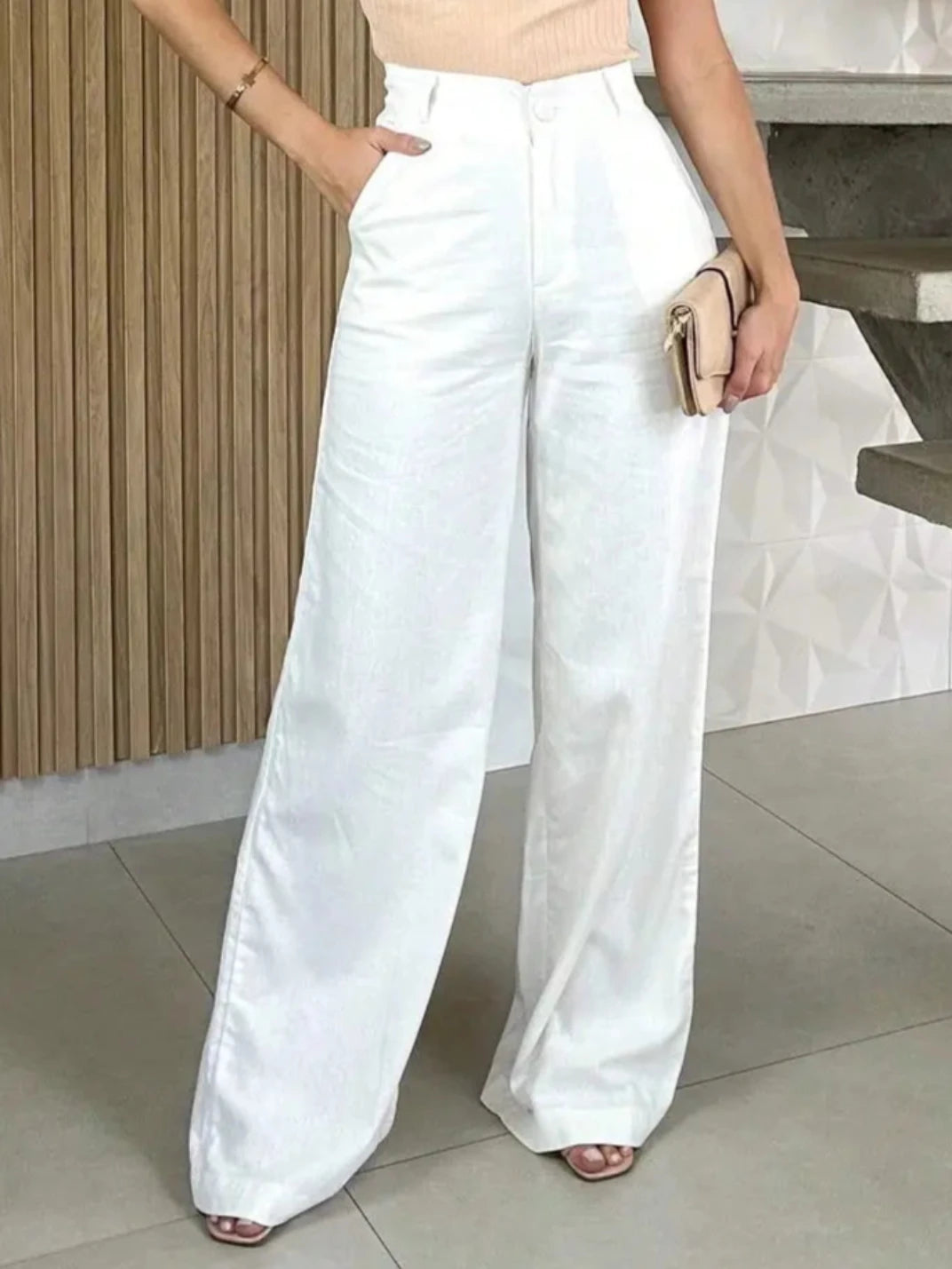 Calça de Linho Feminino Pantalona Off White