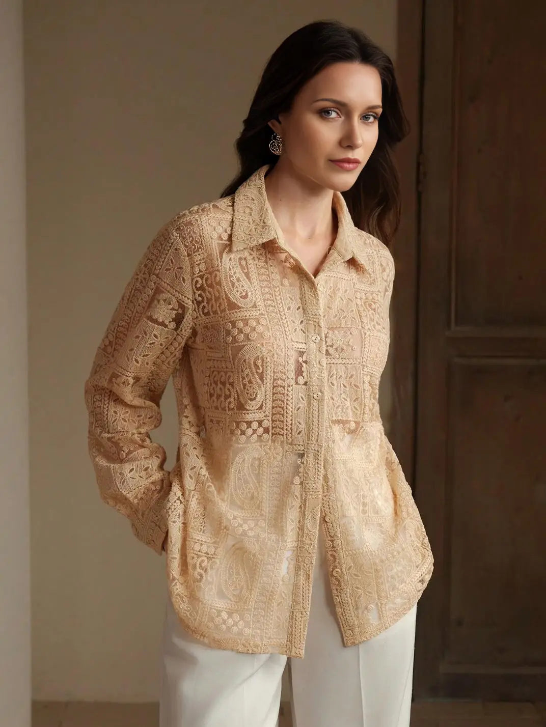 Camisa Feminina Manga Longa Bordada Caqui - EstiloE, Camisa Manga Longa, Camisa Feminina Manga Longa, Camisa Feminina Bordada, Camisa Feminina Estampada, Camisa Feminina, Blusa Sofisticada, Blusa Manga Longa, Blusa Feminina Caqui, Blusa Feminina, Blusa Bordada, Blusa Elegante