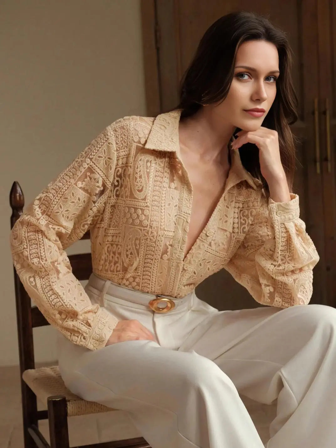 Camisa Feminina Manga Longa Bordada Caqui - EstiloE, Camisa Manga Longa, Camisa Feminina Manga Longa, Camisa Feminina Bordada, Camisa Feminina Estampada, Camisa Feminina, Blusa Sofisticada, Blusa Manga Longa, Blusa Feminina Caqui, Blusa Feminina, Blusa Bordada, Blusa Elegante