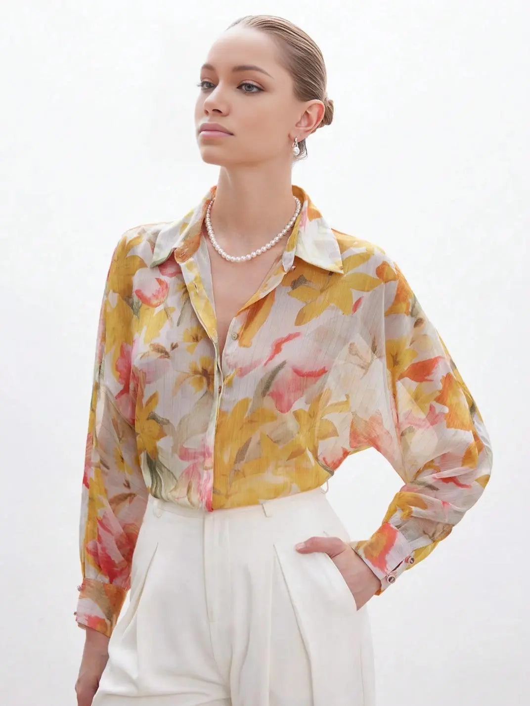 Camisa Feminina Manga Longa Floral Amarelo - EstiloE, Camisa Feminina, Camisa Feminina Manga Longa, Camisa Feminina Estampada, Blusa Feminina, Blusa Manga Longa, Camisa Floral, Blusa Floral, Camisa Feminina Floral
