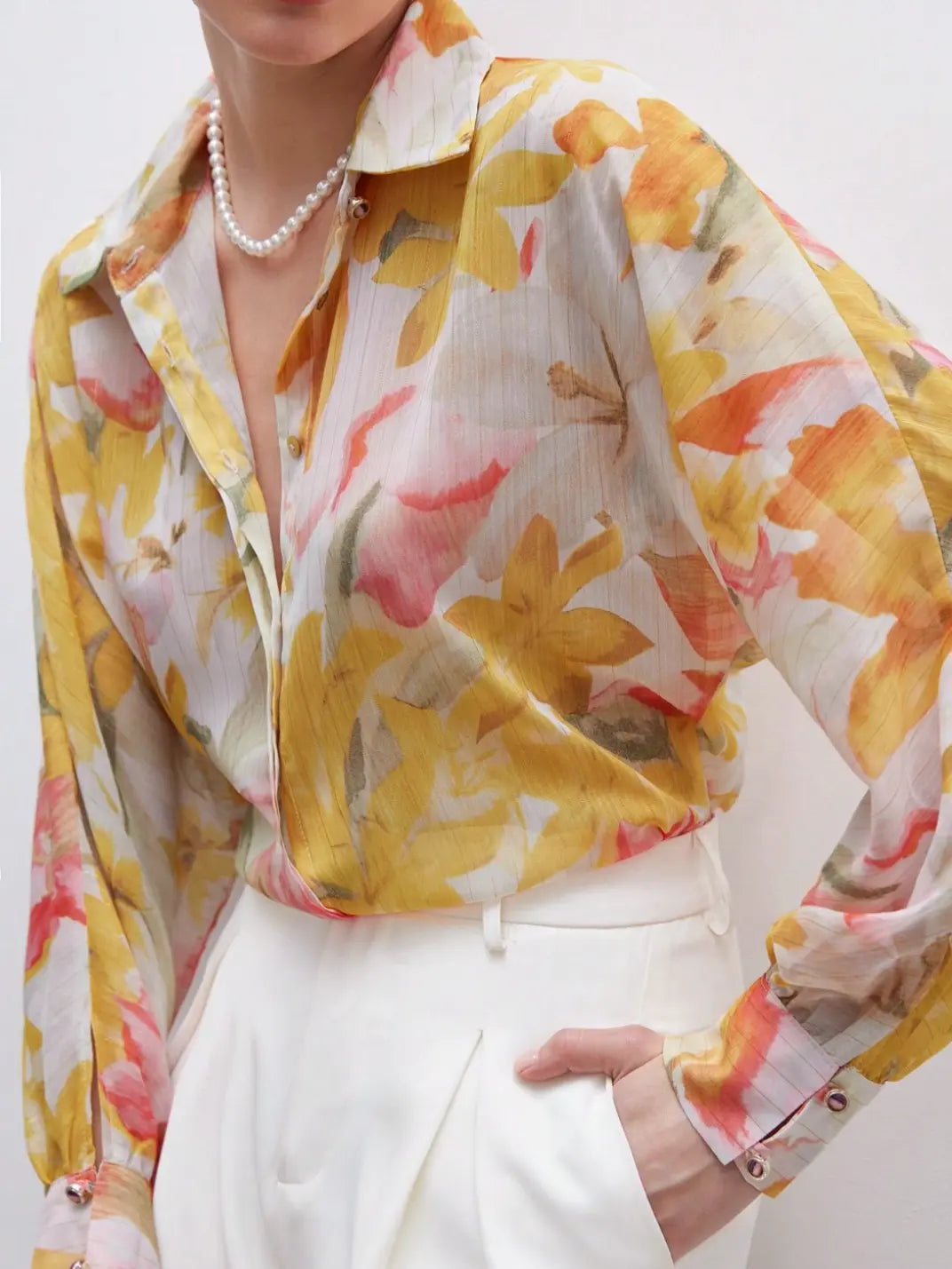 Camisa Feminina Manga Longa Floral Amarelo - EstiloE, Camisa Feminina, Camisa Feminina Manga Longa, Camisa Feminina Estampada, Blusa Feminina, Blusa Manga Longa, Camisa Floral, Blusa Floral, Camisa Feminina Floral