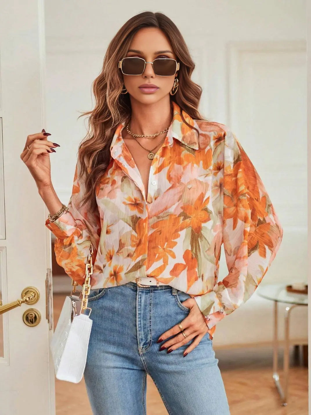 Camisa Feminina Manga Longa Floral Laranja - EstiloE, Camisa Feminina, Camisa Feminina Manga Longa, Camisa Feminina Estampada, Blusa Feminina, Blusa Manga Longa, Camisa Floral, Blusa Floral, Camisa Feminina Floral