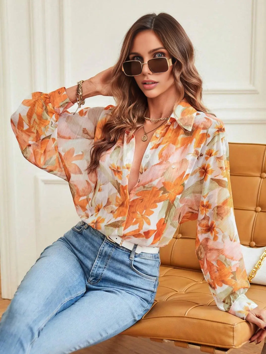 Camisa Feminina Manga Longa Floral Laranja - EstiloE, Camisa Feminina, Camisa Feminina Manga Longa, Camisa Feminina Estampada, Blusa Feminina, Blusa Manga Longa, Camisa Floral, Blusa Floral, Camisa Feminina Floral