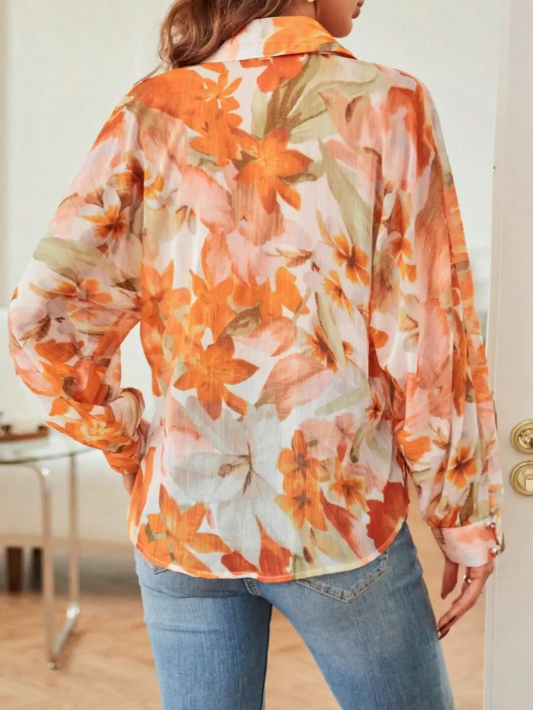 Camisa Feminina Manga Longa Floral Laranja - EstiloE, Camisa Feminina, Camisa Feminina Manga Longa, Camisa Feminina Estampada, Blusa Feminina, Blusa Manga Longa, Camisa Floral, Blusa Floral, Camisa Feminina Floral
