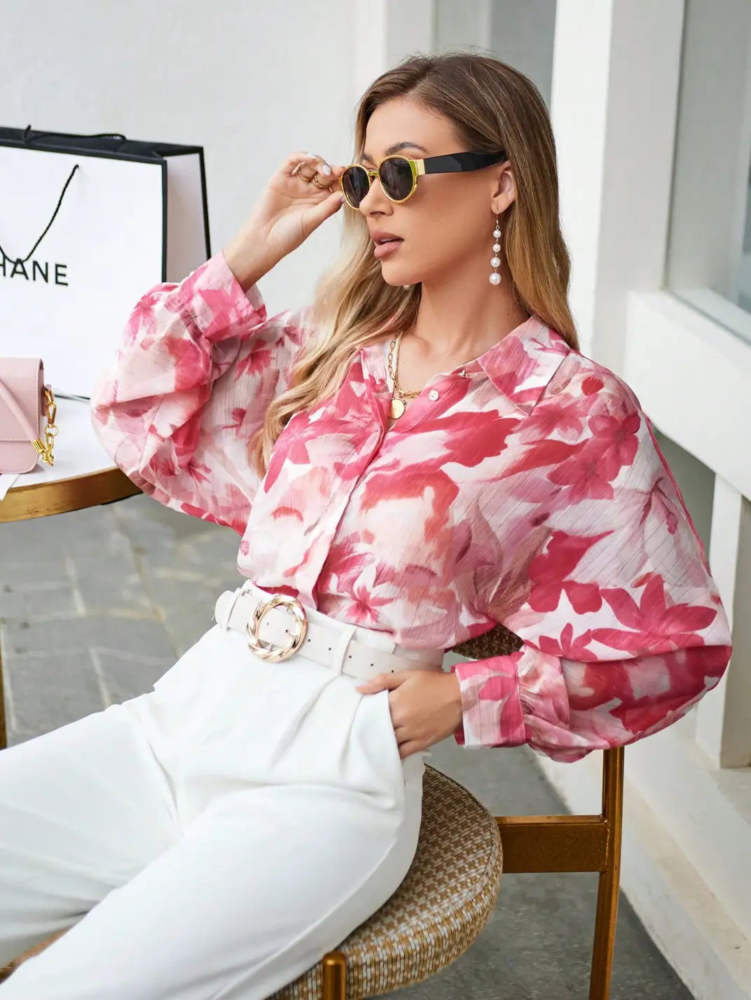 Camisa Feminina Manga Longa Floral Pink