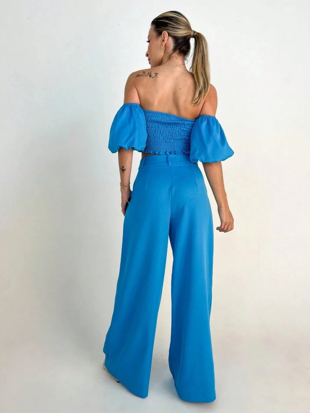 Conjunto Alfaiataria Manga com Flor  Azul - EstiloE, Conjunto Pantalona, Conjunto Feminino, Conjunto de Calça e Blusa, Conjunto Calça e Blusa Feminino, Conjunto Alfaiataria Feminino