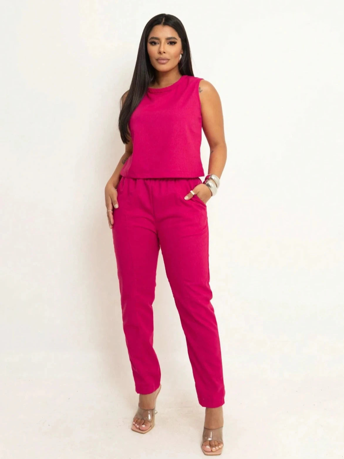 Conjunto Linho Calça e Cropped Pink - EstiloE, Conjunto de Linho Feminino, Conjunto de Linho, Conjunto de Calça e Blusa, Conjunto Calça e Blusa Feminino, Conjunto Alfaiataria Feminino