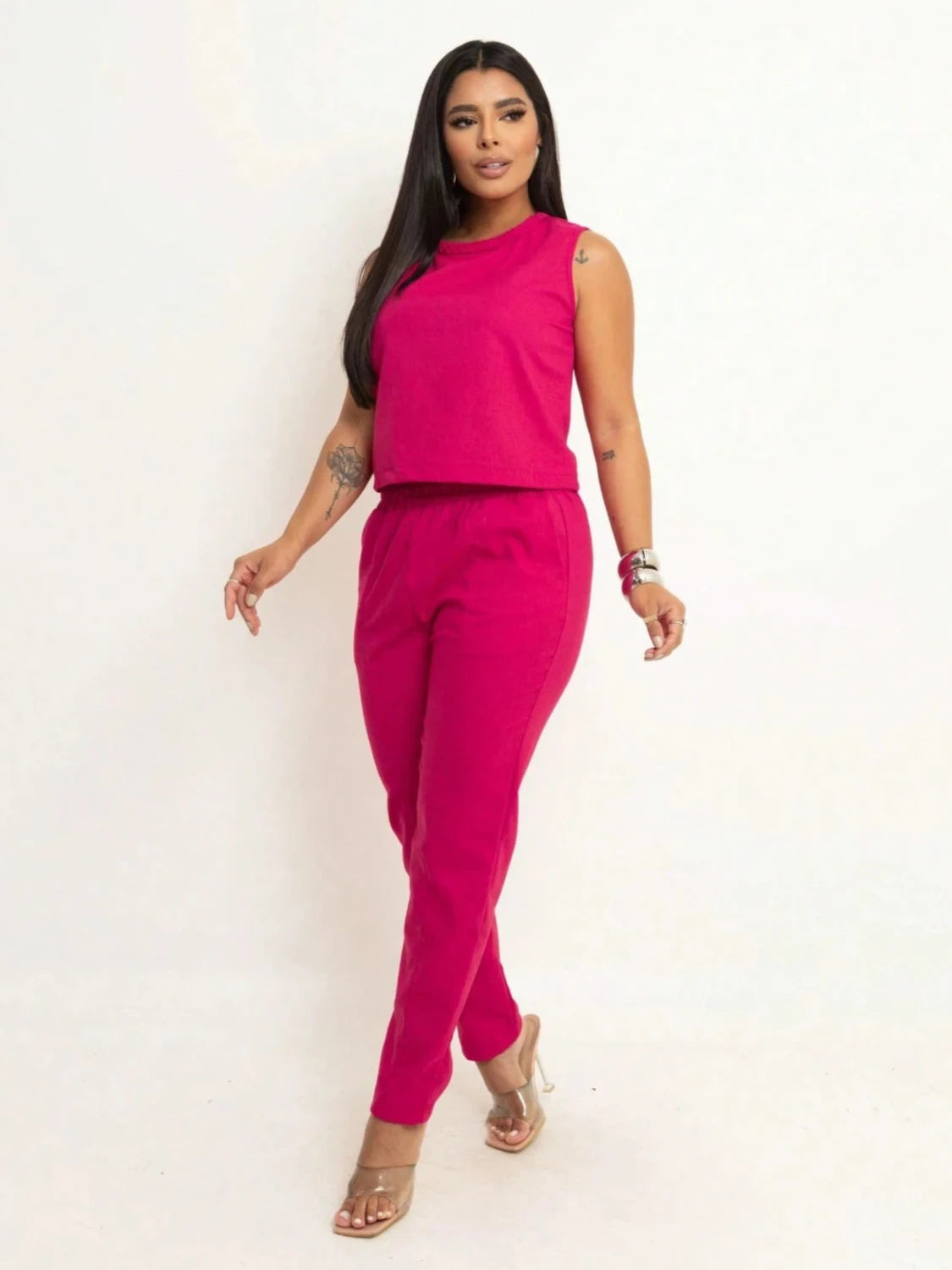 Conjunto Linho Calça e Cropped Pink - EstiloE, Conjunto de Linho Feminino, Conjunto de Linho, Conjunto de Calça e Blusa, Conjunto Calça e Blusa Feminino, Conjunto Alfaiataria Feminino