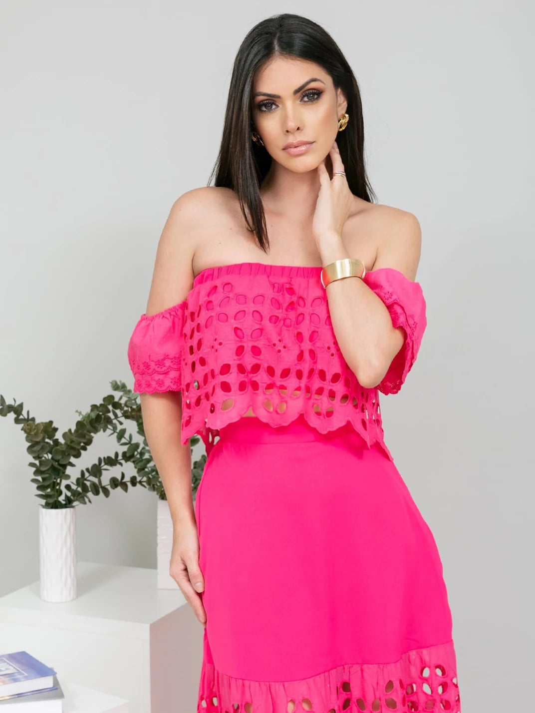 Conjunto Saia e Cropped Laise Pink - EstiloE, Conjunto Saia e Cropped, Conjunto Saia e Blusas, Conjunto Saia e Blusa, Conjunto Laise, Conjunto Feminino