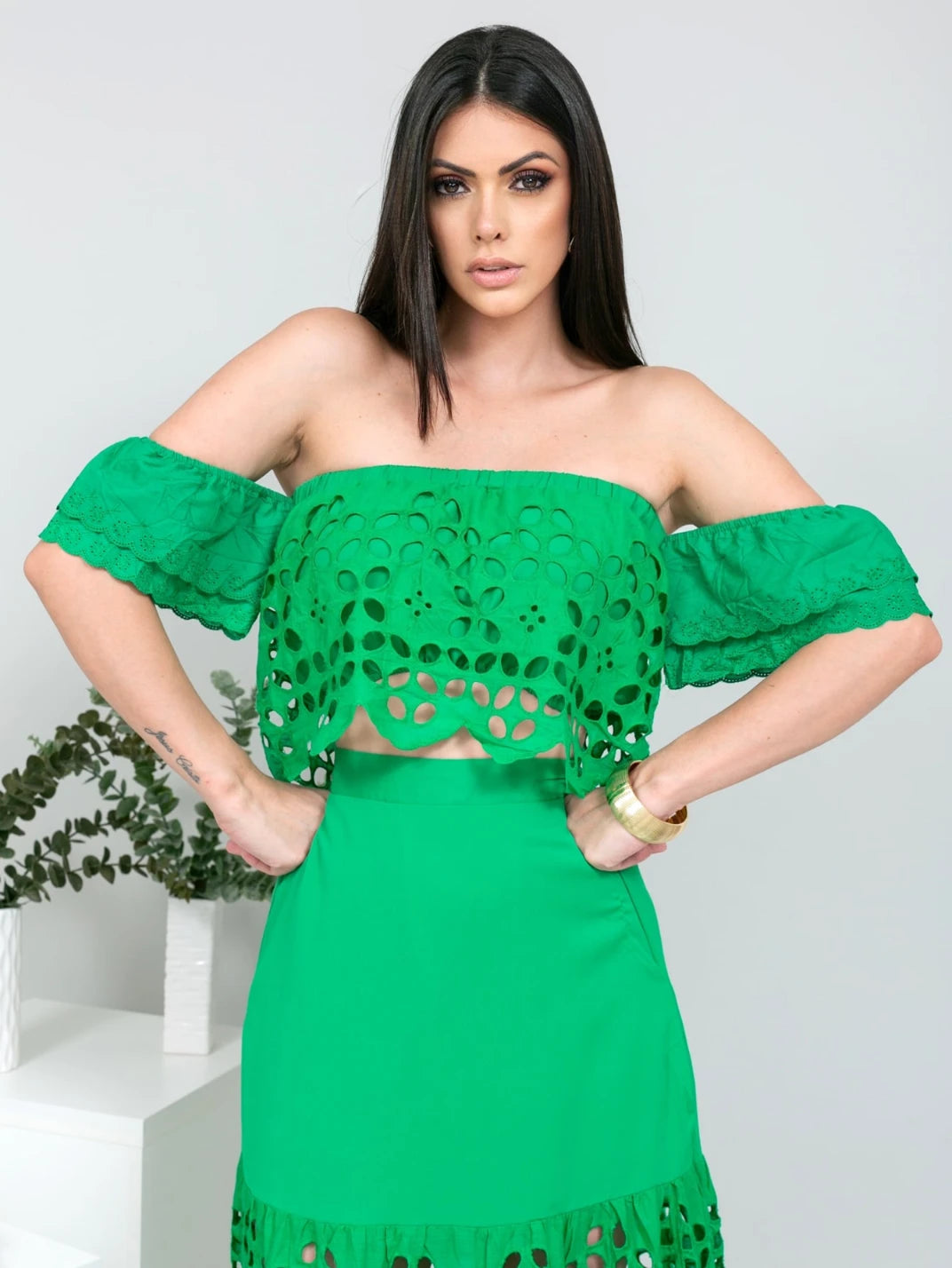 Conjunto Saia e Cropped Laise Verde - EstiloE, Conjunto Saia e Cropped, Conjunto Saia e Blusas, Conjunto Saia e Blusa, Conjunto Laise, Conjunto Feminino