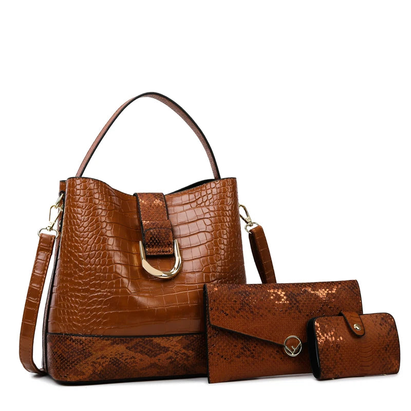 Kit Bolsa Feminina Textura Croco Marrom, Kit de Bolsa Feminina, Bolsa Feminina Média, Bolsa Feminina de Ombro, Bolsa Transversal Feminina, Bolsa Feminina, Bolsa de Passeio, Bolsa de Ombro,