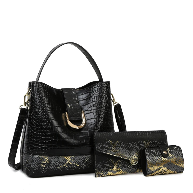 Kit Bolsa Feminina Textura Croco Preto, Kit de Bolsa Feminina, Bolsa Feminina Média, Bolsa Feminina de Ombro, Bolsa Transversal Feminina, Bolsa Feminina, Bolsa de Passeio, Bolsa de Ombro,