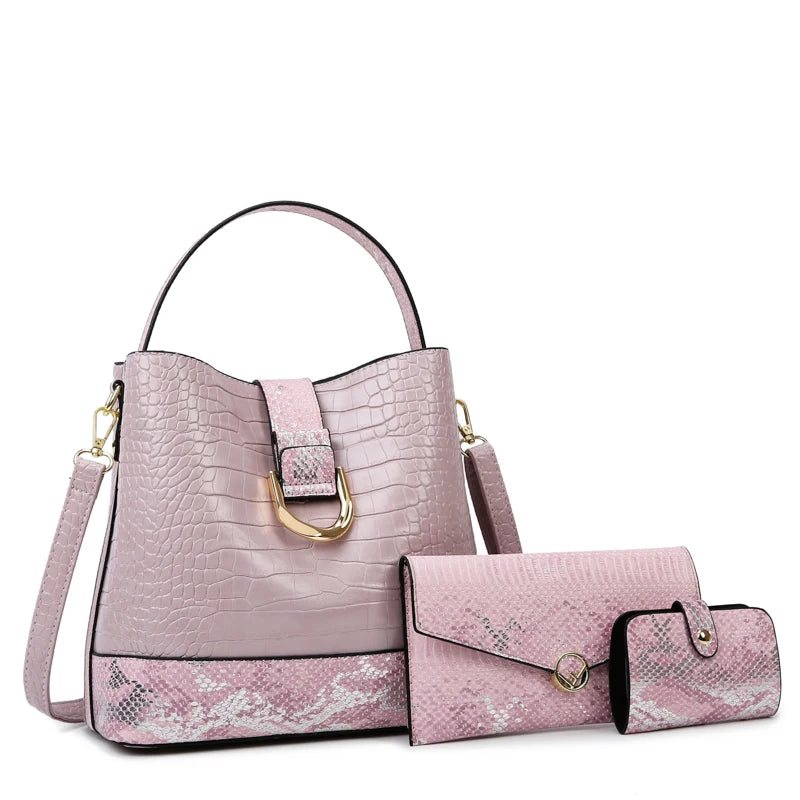 Kit Bolsa Feminina Textura Croco Rosa, Kit de Bolsa Feminina, Bolsa Feminina Média, Bolsa Feminina de Ombro, Bolsa Transversal Feminina, Bolsa Feminina, Bolsa de Passeio, Bolsa de Ombro,