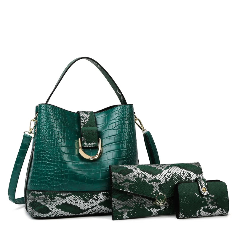 Kit Bolsa Feminina Textura Croco Verde, Kit de Bolsa Feminina, Bolsa Feminina Média, Bolsa Feminina de Ombro, Bolsa Transversal Feminina, Bolsa Feminina, Bolsa de Passeio, Bolsa de Ombro,