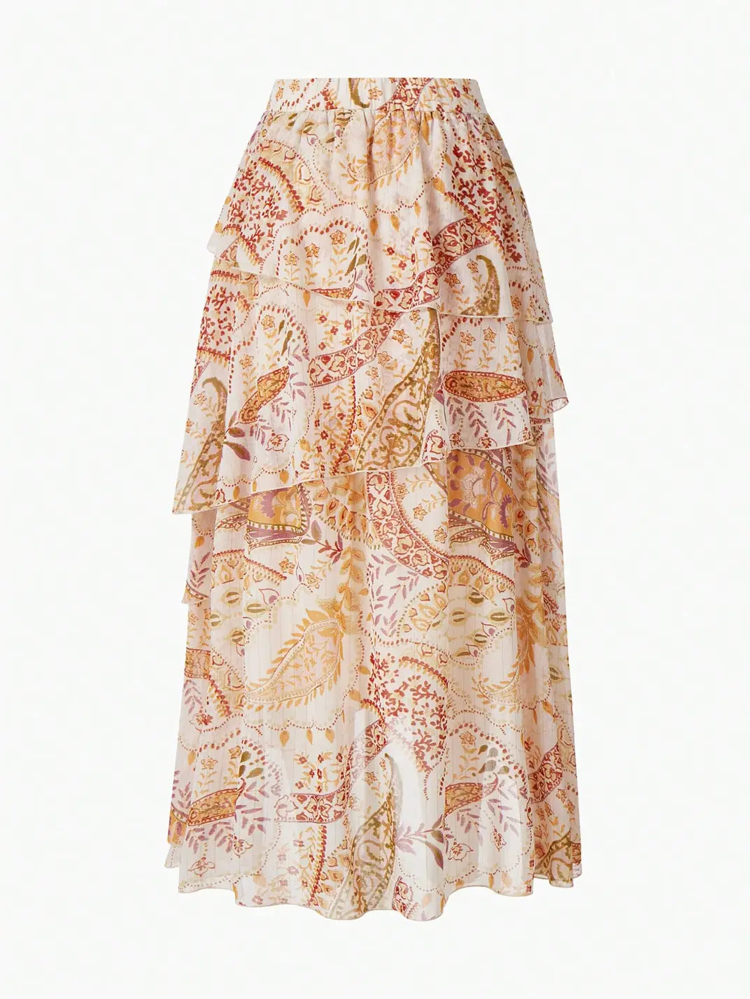 Saia Midi Babados Assimétricos Paisley - EstiloE, Saia Longa, Saia Chiffon, Saia Feminina, Saia Casual, Saia Franzida, Saia Midi Estampada, Saia com Babados, Saia Assimétrica, Saia Midi, Saia Estampada