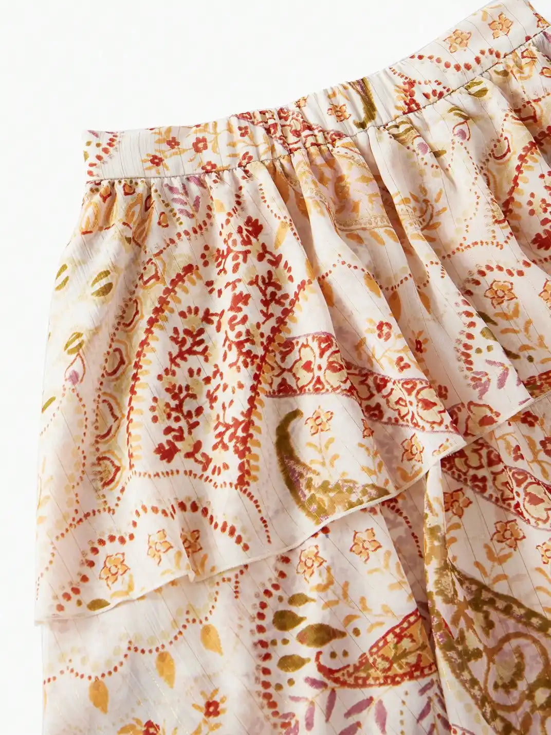 Saia Midi Babados Assimétricos Paisley - EstiloE, Saia Longa, Saia Chiffon, Saia Feminina, Saia Casual, Saia Franzida, Saia Midi Estampada, Saia com Babados, Saia Assimétrica, Saia Midi, Saia Estampada