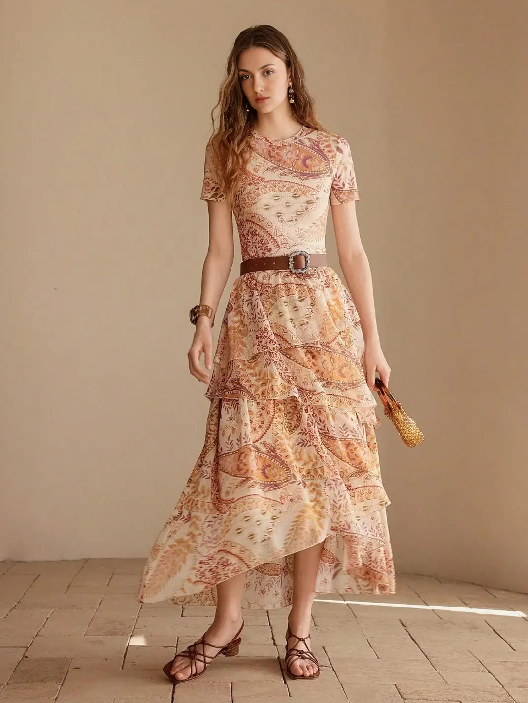 Saia Midi Babados Assimétricos Paisley - EstiloE, Saia Longa, Saia Chiffon, Saia Feminina, Saia Casual, Saia Franzida, Saia Midi Estampada, Saia com Babados, Saia Assimétrica, Saia Midi, Saia Estampada