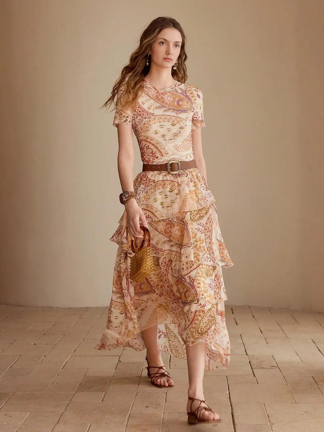 Saia Midi Babados Assimétricos Paisley - EstiloE, Saia Longa, Saia Chiffon, Saia Feminina, Saia Casual, Saia Franzida, Saia Midi Estampada, Saia com Babados, Saia Assimétrica, Saia Midi, Saia Estampada