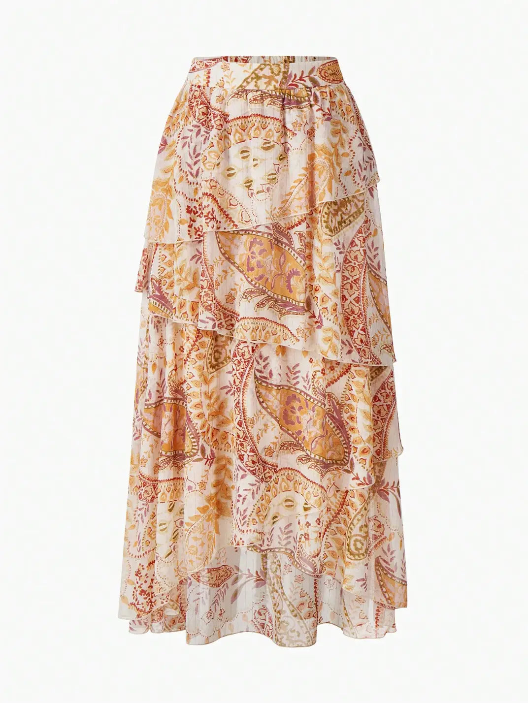 Saia Midi Babados Assimétricos Paisley - EstiloE, Saia Longa, Saia Chiffon, Saia Feminina, Saia Casual, Saia Franzida, Saia Midi Estampada, Saia com Babados, Saia Assimétrica, Saia Midi, Saia Estampada