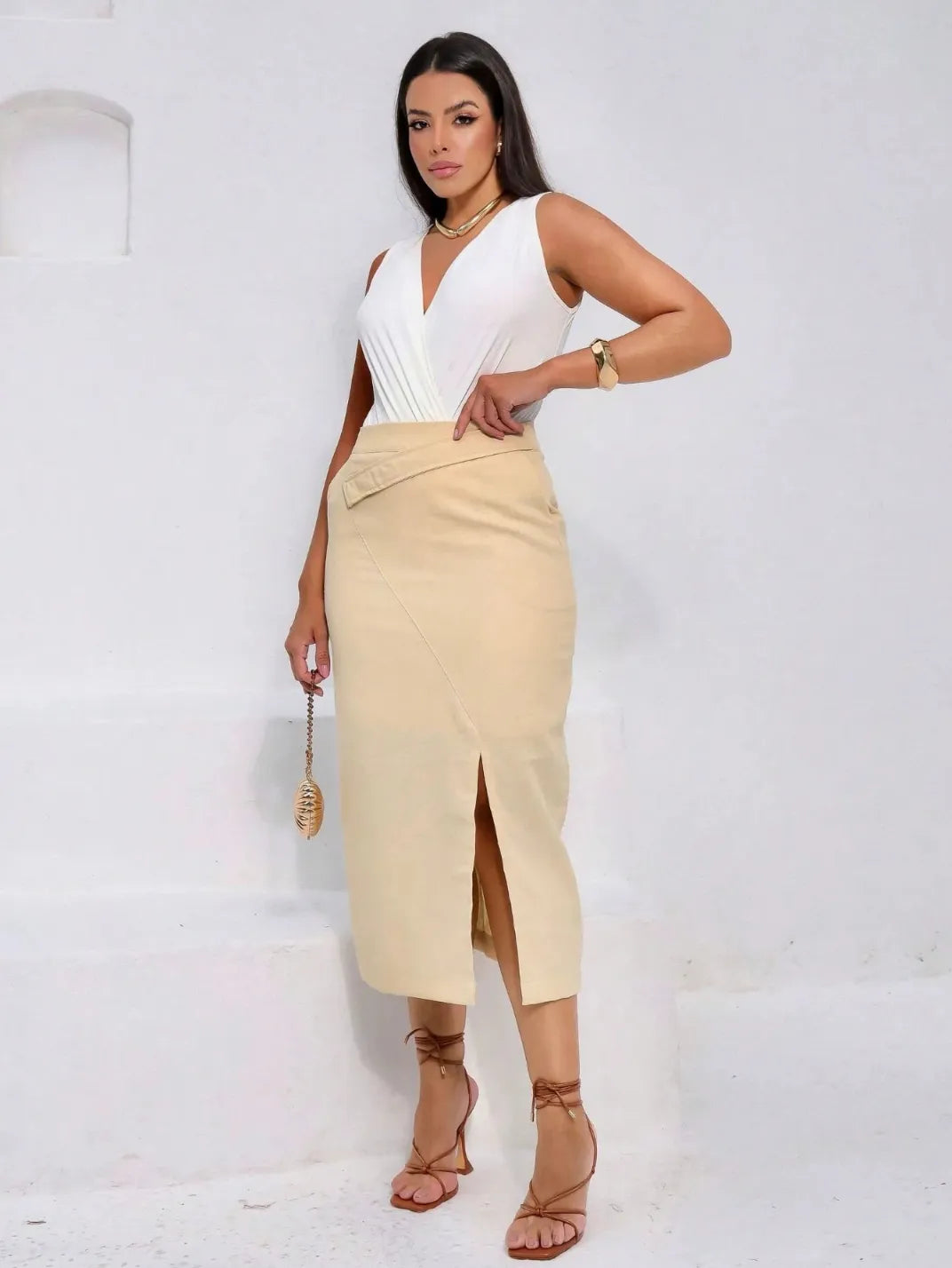Saia Midi Linho Lápis Fenda Creme - Main Image