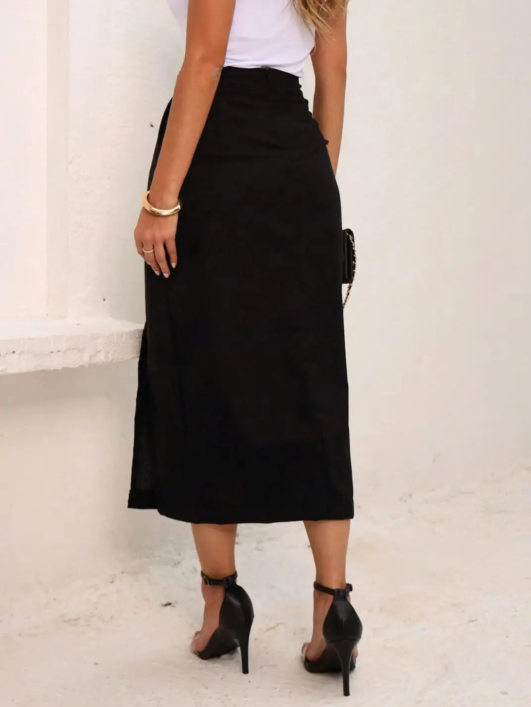 Saia Midi Linho Lápis Fenda Preta - Main Image
