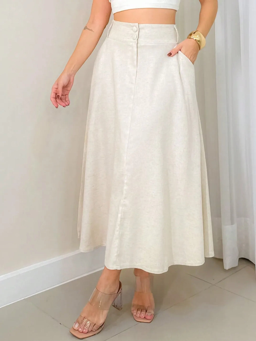Saia Midi Linho com Bolso Natural