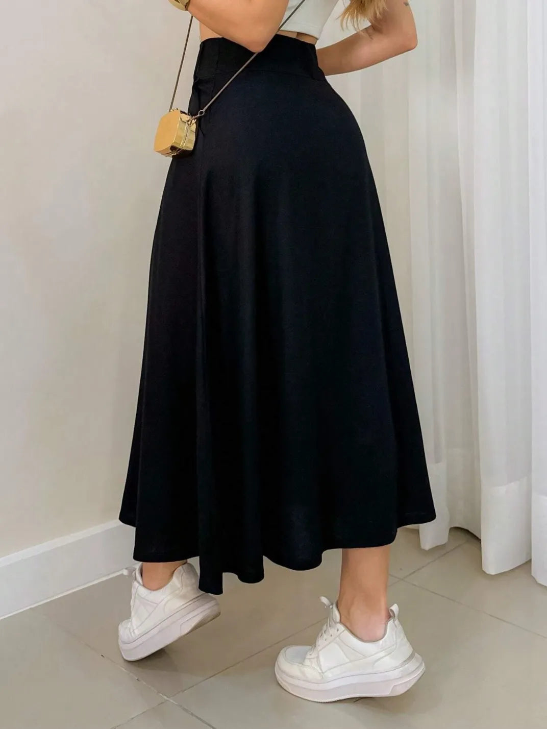 Saia Midi Linho com Bolso Preto - EstiloE, Saia Midi, Saia Linho, Saia Feminina, Saia Casual, Saia Soltinha, Saia com Bolso