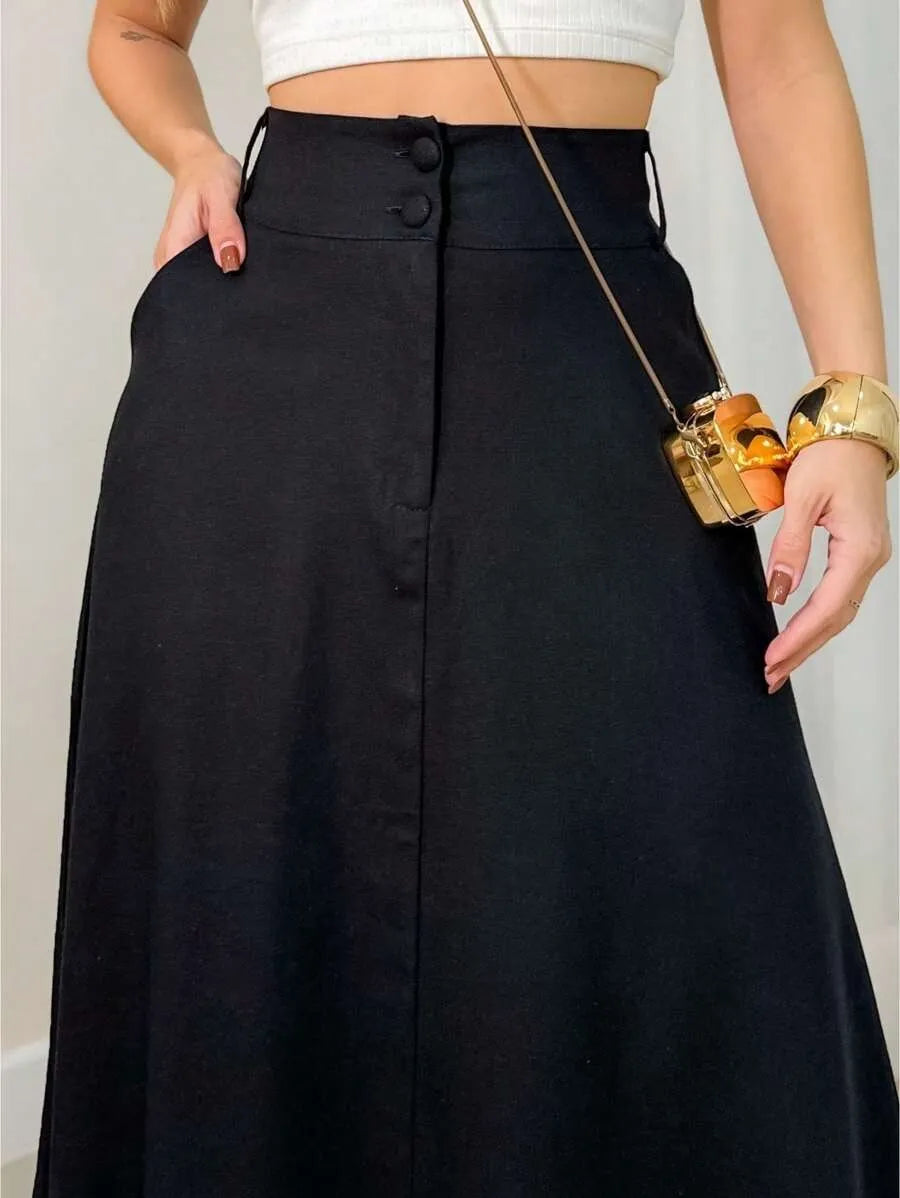 Saia Midi Linho com Bolso Preto - EstiloE, Saia Midi, Saia Linho, Saia Feminina, Saia Casual, Saia Soltinha, Saia com Bolso