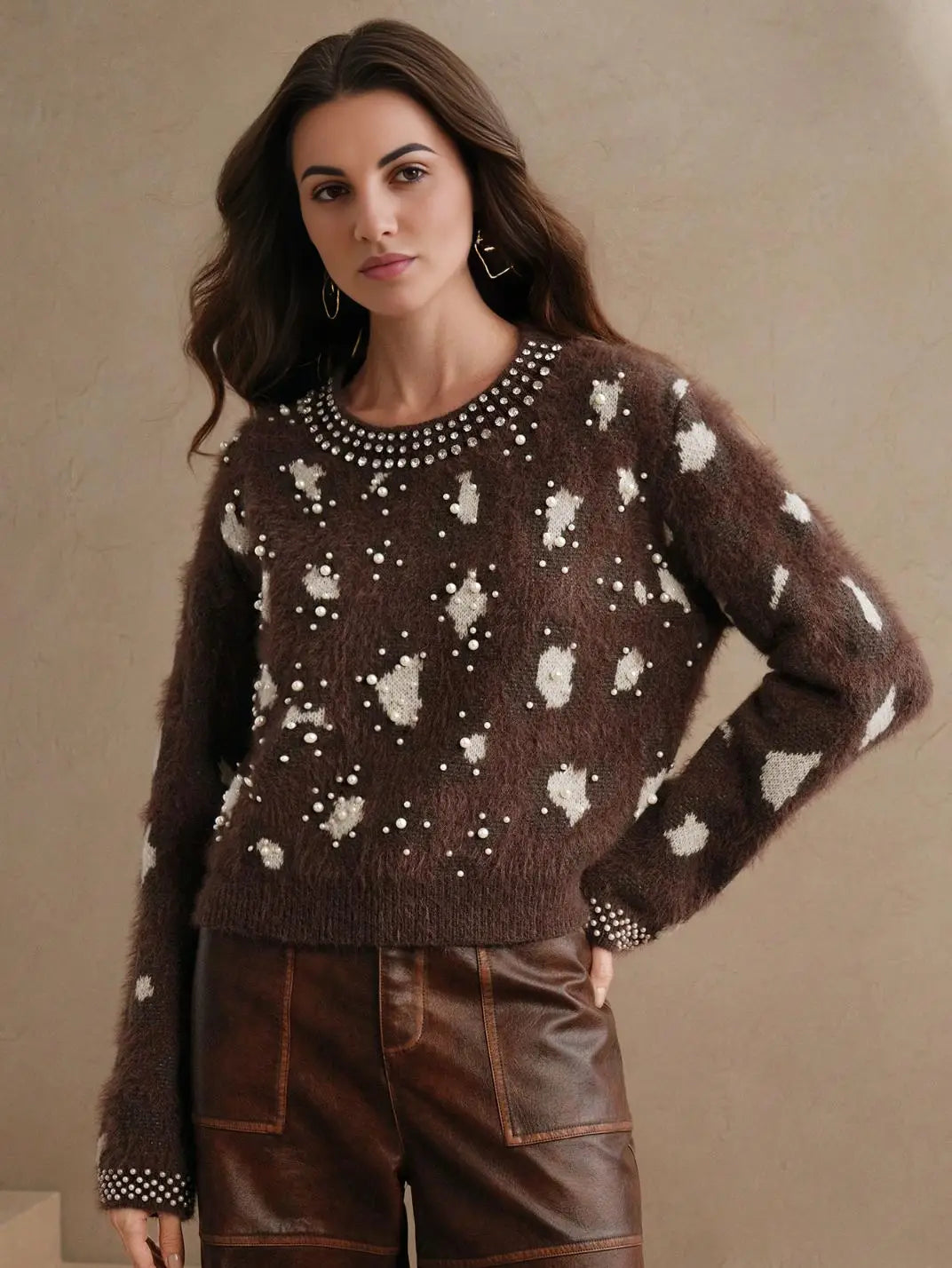 Suéter Feminino Tricot Onça Pérolas Marrom - EstiloE, Suéter Feminino, Suéter Tricot, Suéter Animal Print, Suéter Onça, Suéter Leopardo, Suéter Peluciado, Suéter Felpudo, Blusa de Tricot, Tricot Animal Print, Suéter Elegante, Blusão Tricot, Suéter de Lã