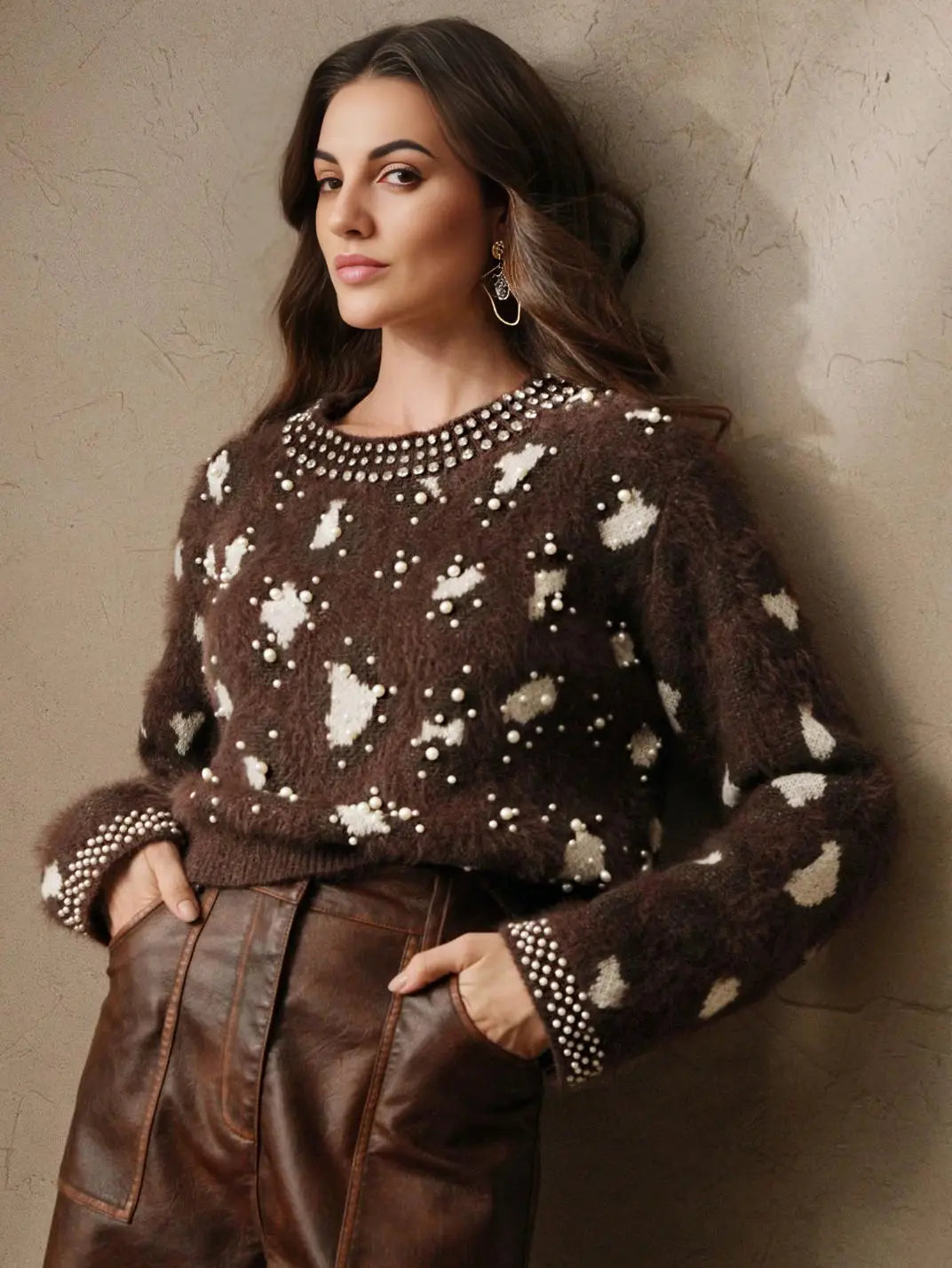 Suéter Feminino Tricot Onça Pérolas Marrom - EstiloE, Suéter Feminino, Suéter Tricot, Suéter Animal Print, Suéter Onça, Suéter Leopardo, Suéter Peluciado, Suéter Felpudo, Blusa de Tricot, Tricot Animal Print, Suéter Elegante, Blusão Tricot, Suéter de Lã