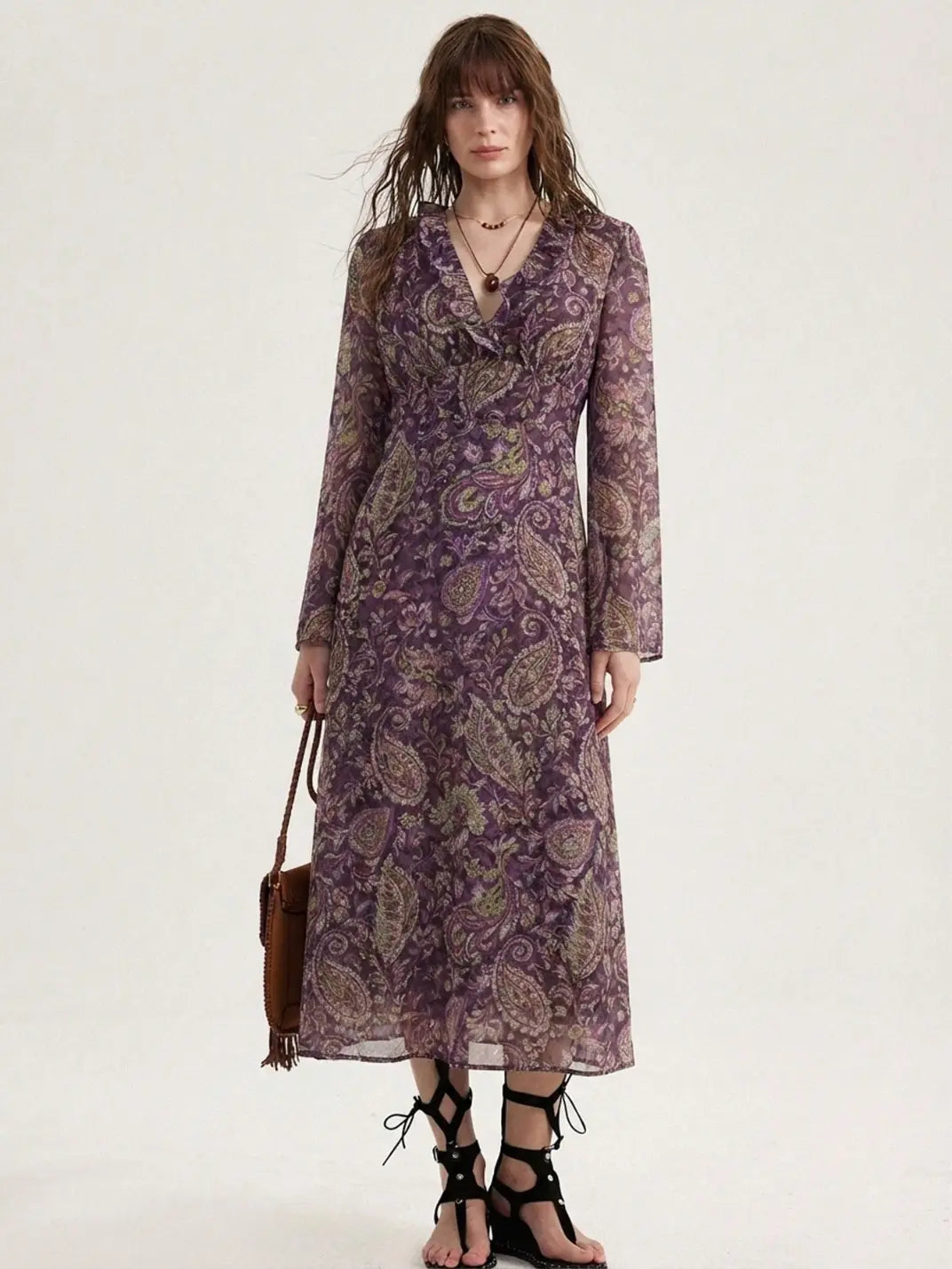 Vestido Midi Manga Longa Flare Estampa Roxo - EstiloE, Vestido Manga Longa Flare, Vestido Midi, Vestido Manga Longa, Vestido Casual, Vestido Elegante, Vestido Longo, Vestido Chiffon, Vestido Estampa Roxa, Vestido Estampado, Vestido Ajustado