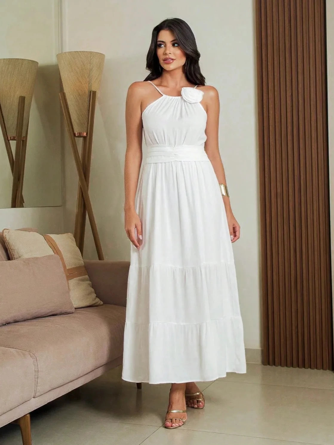 Vestido Longo Flor Removível Branco - EstiloE, Vestido Longo, Vestido Casual, Vestido Alcinha, Vestido Três Marias, Vestido Branco