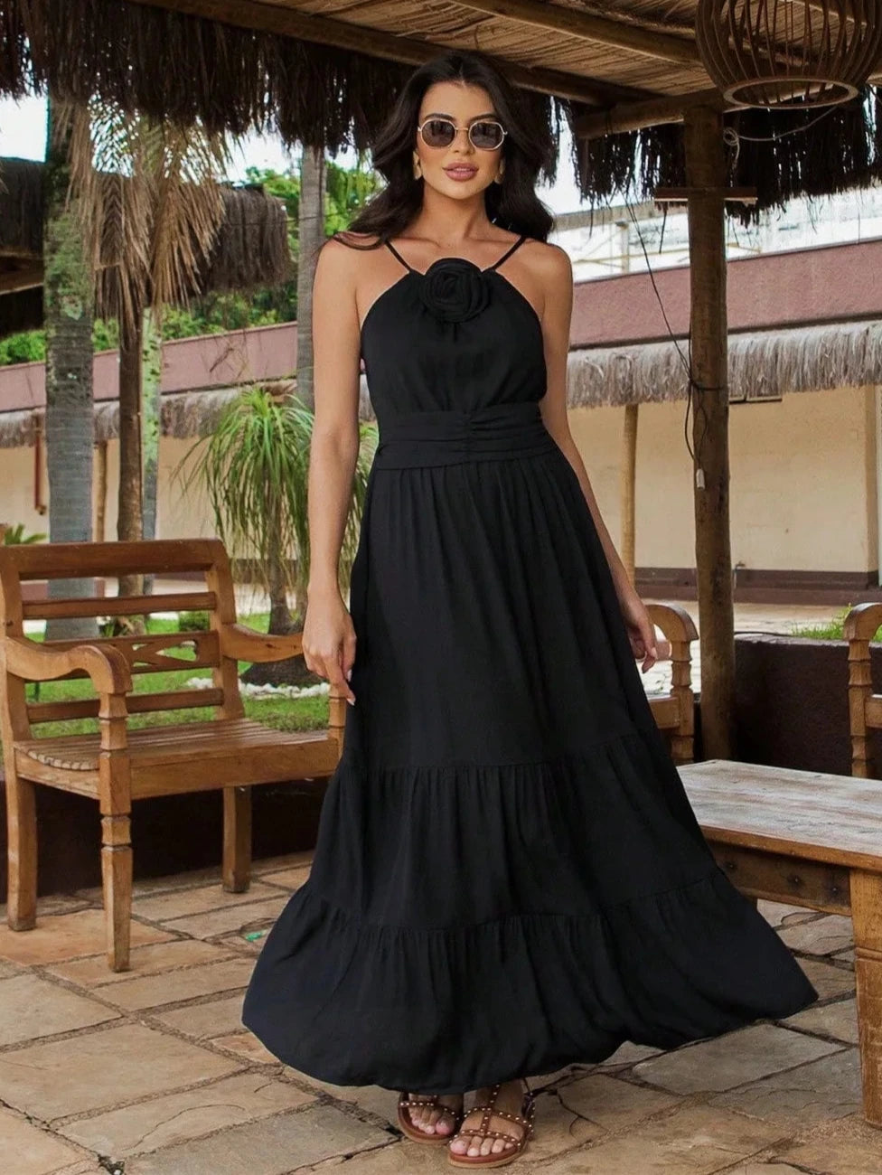 Vestido Longo Flor Removível Preto - EstiloE, Vestido Longo, Vestido Casual, Vestido Alcinha, Vestido Três Marias, Vestido Preto