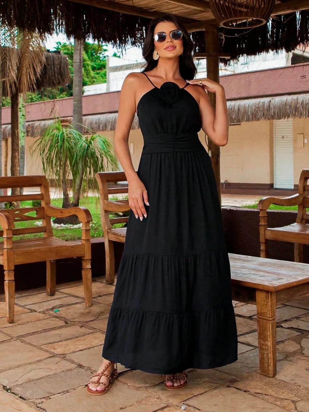 Vestido Longo Flor Removível Preto - EstiloE, Vestido Longo, Vestido Casual, Vestido Alcinha, Vestido Três Marias, Vestido Preto