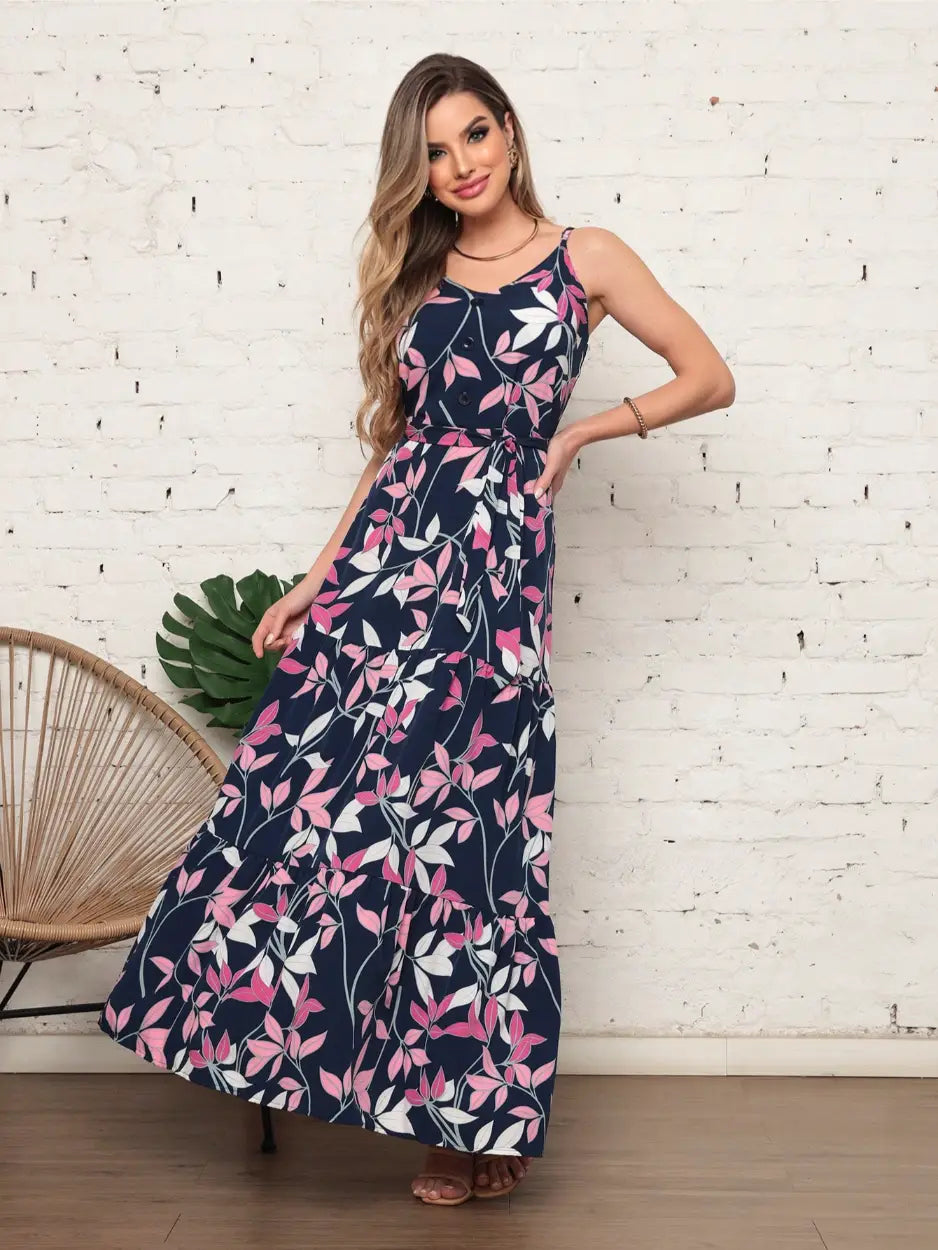 Vestido Longo Alcinha Folhas Marinho EstiloE - Vestido Feminino, Vestido Estampado, Vestido Floral, Vestido Soltinho, Vestido Casual, Vestido Alcinha,