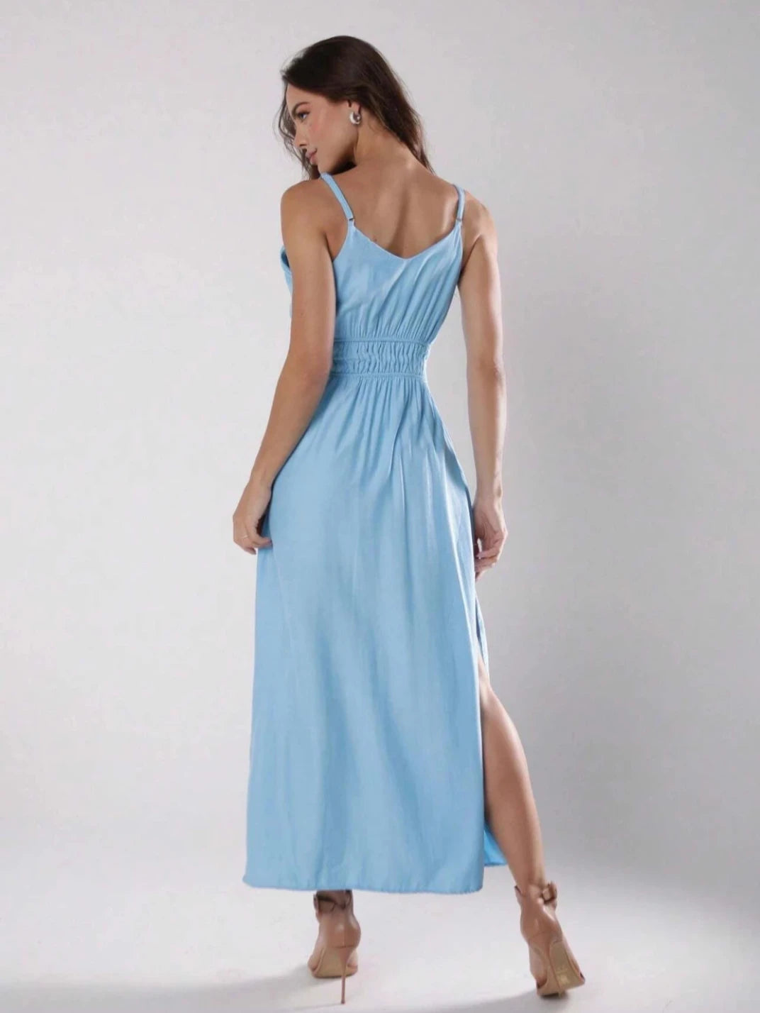 Vestido Longo Alcinha Fendas Laterais Azul EstiloE - Vestido Feminino, Vestido Longo, Vestido Soltinho, Vestido Casual, Vestido Alcinha, Vestido com Fenda, Vestido Elegante, Vestido Azul