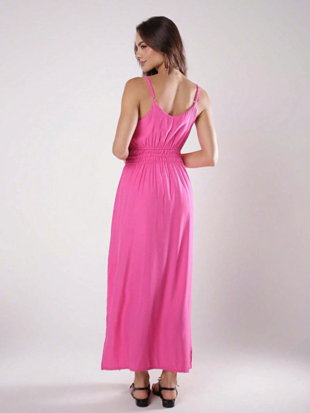 Vestido Longo Alcinha Fendas Laterais Pink EstiloE - Vestido Feminino, Vestido Longo, Vestido Soltinho, Vestido Casual, Vestido Alcinha, Vestido com Fenda, Vestido Elegante, Vestido Pink