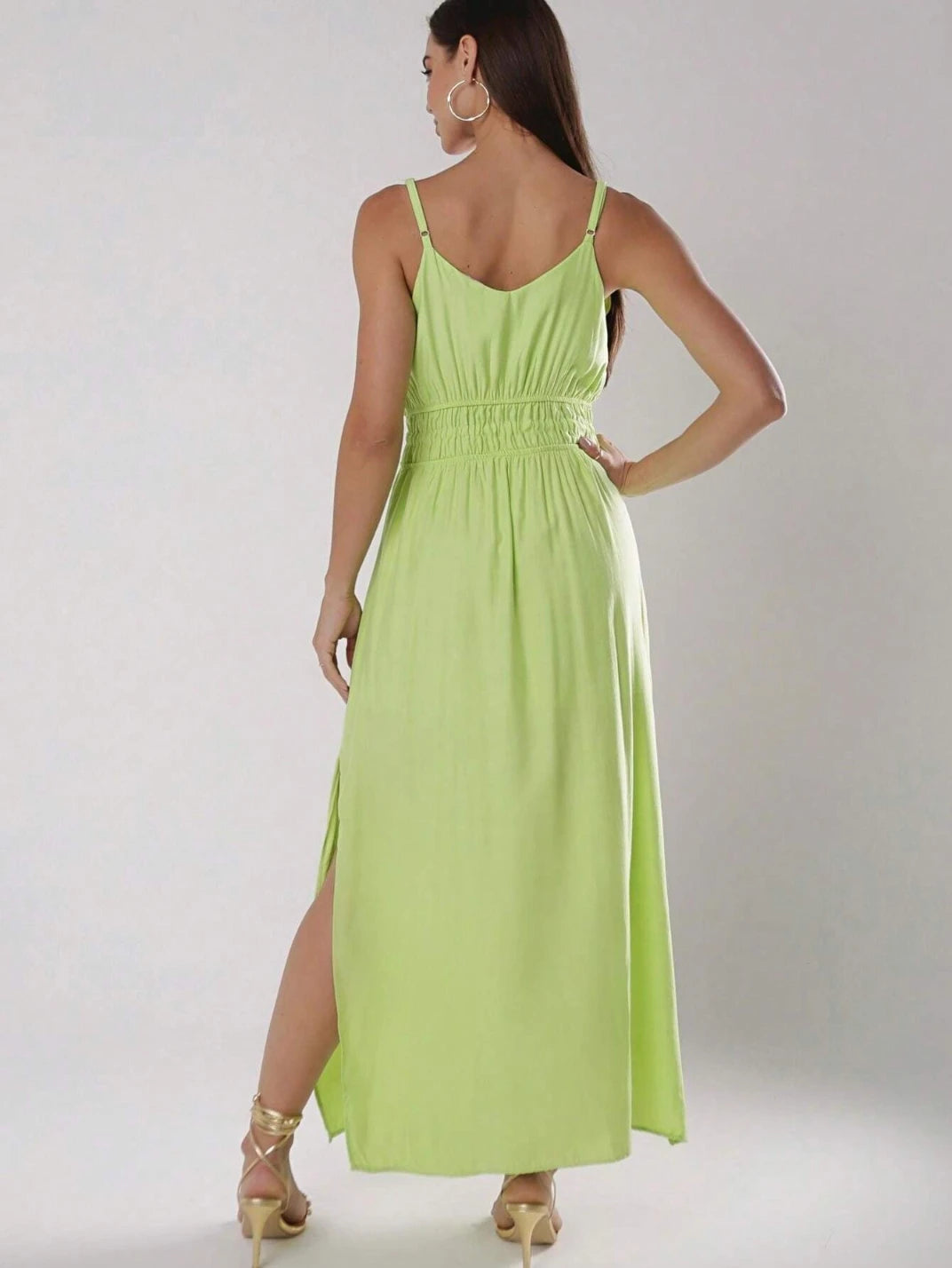 Vestido Longo Alcinha Fendas Laterais Verde EstiloE - Vestido Feminino, Vestido Longo, Vestido Soltinho, Vestido Casual, Vestido Alcinha, Vestido com Fenda, Vestido Elegante, Vestido Verde