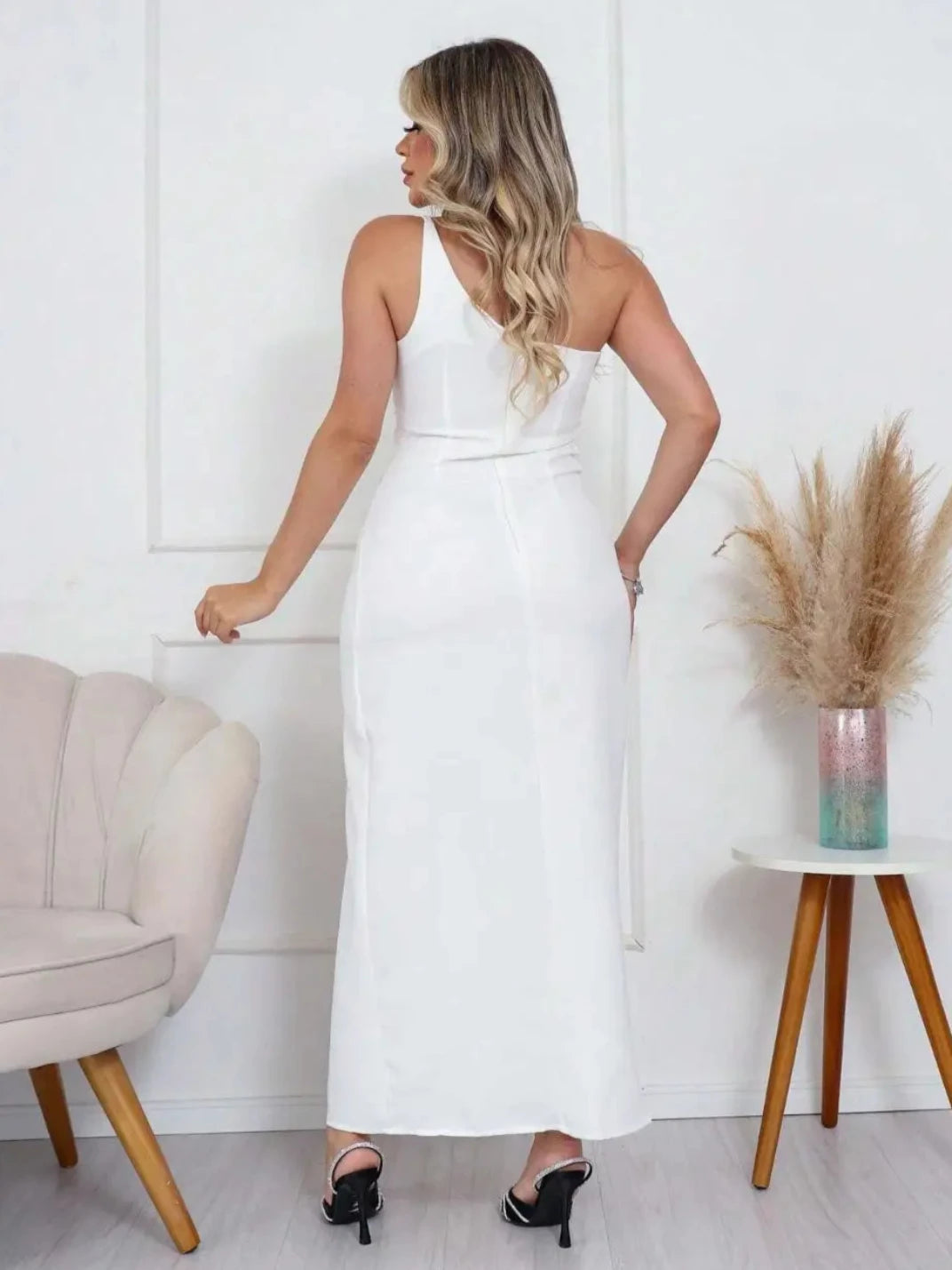 Vestido Longo com Fenda Transpassado Branco EstiloE, Vestido Longo, Vestido Casual, Vestido de Festa, Vestido um Ombro, Vestido com Fenda, Vestido Branco, Vestido Longo Branco