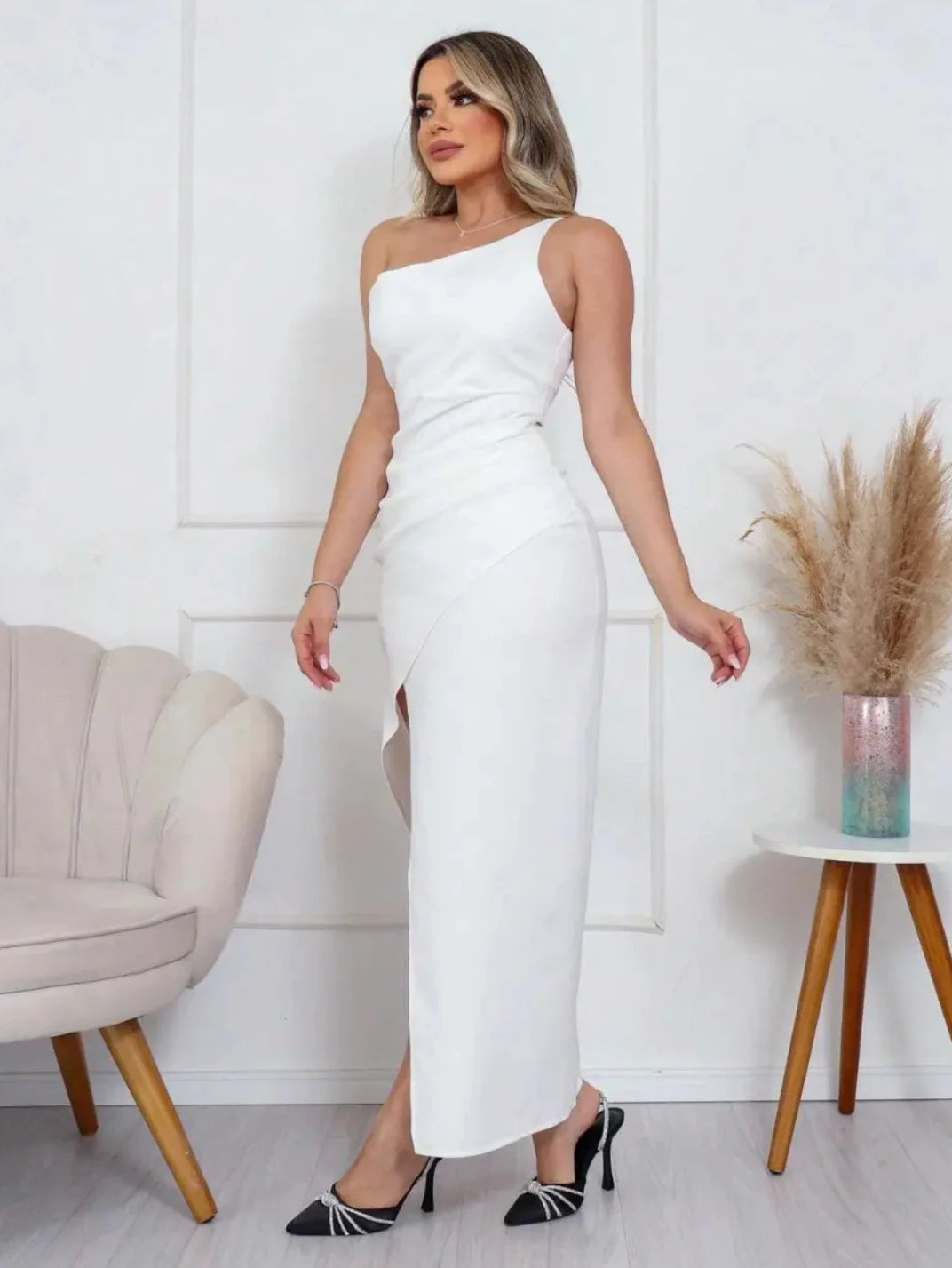 Vestido Longo com Fenda Transpassado Branco EstiloE, Vestido Longo, Vestido Casual, Vestido de Festa, Vestido um Ombro, Vestido com Fenda, Vestido Branco, Vestido Longo Branco