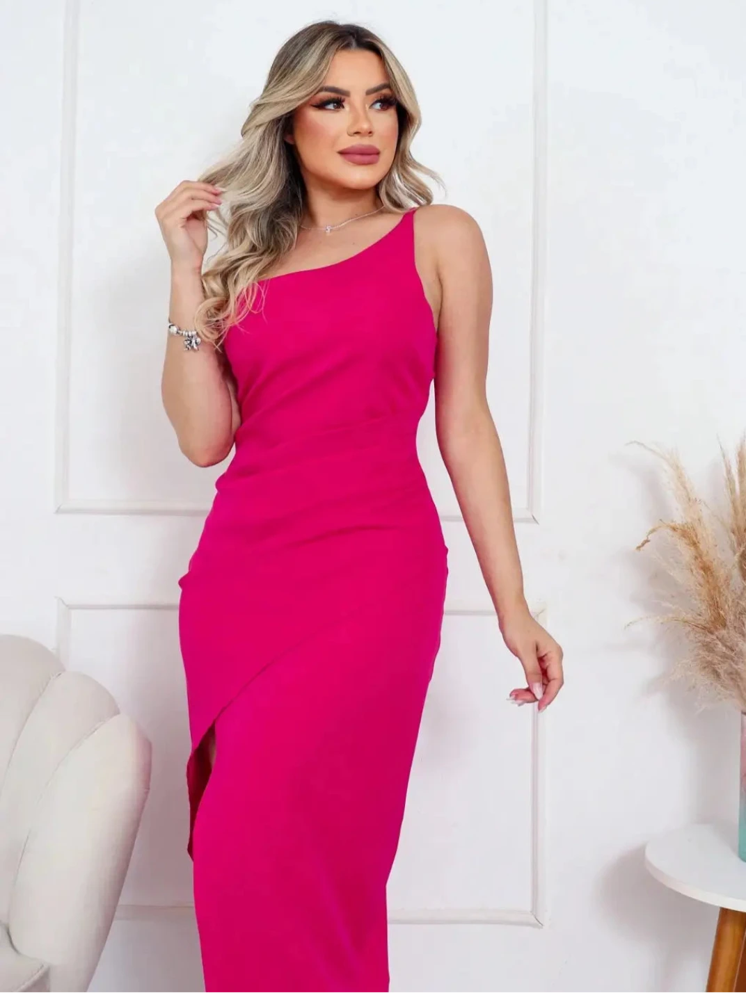 Vestido Longo com Fenda Transpassado Pink EstiloE, Vestido Longo, Vestido Casual, Vestido de Festa, Vestido um Ombro, Vestido com Fenda, Vestido Pink, Vestido Longo Pink