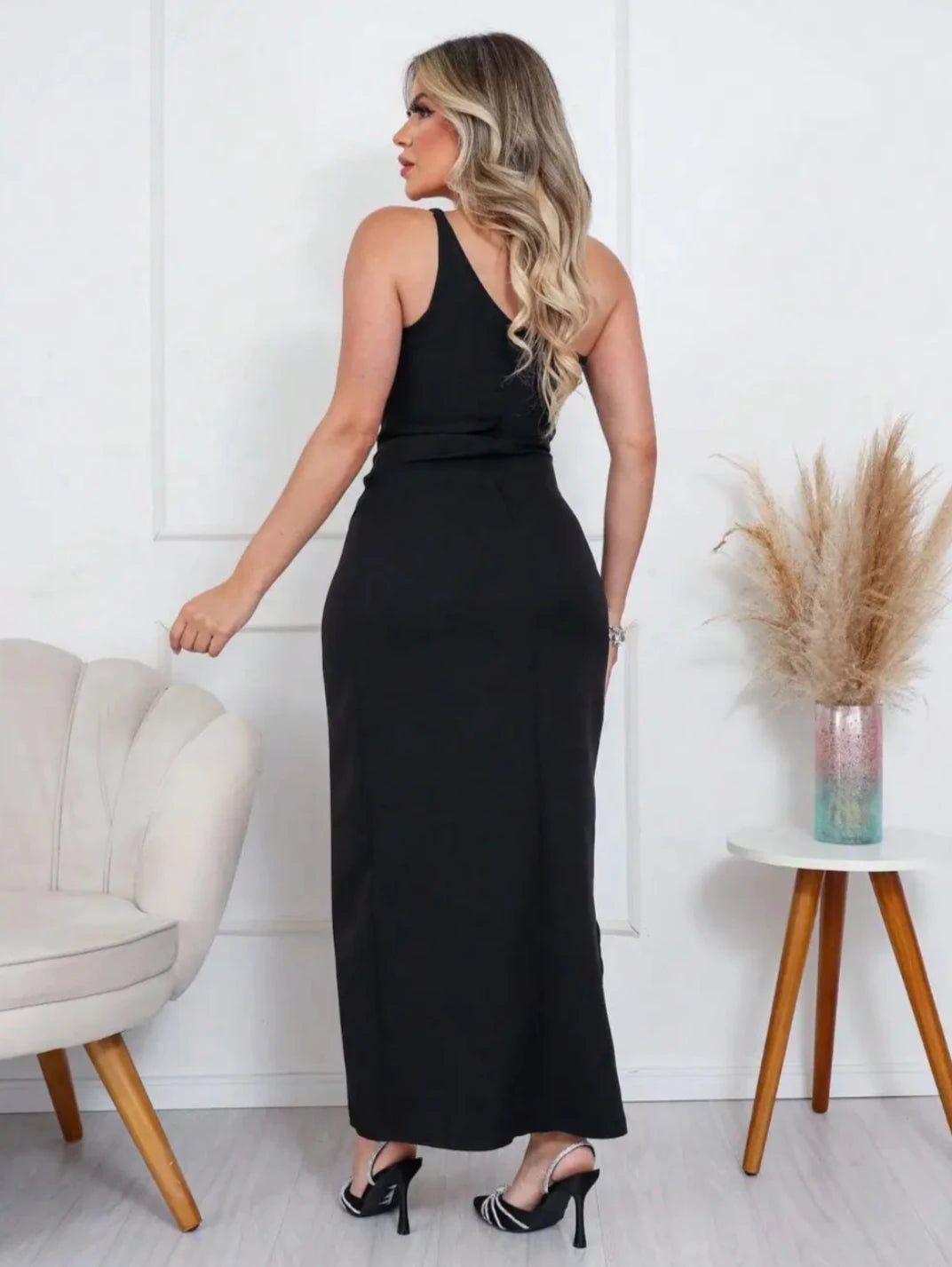 Vestido Longo com Fenda Transpassado Preto EstiloE, Vestido Longo, Vestido Casual, Vestido de Festa, Vestido um Ombro, Vestido com Fenda, Vestido Preto, Vestido Longo Preto